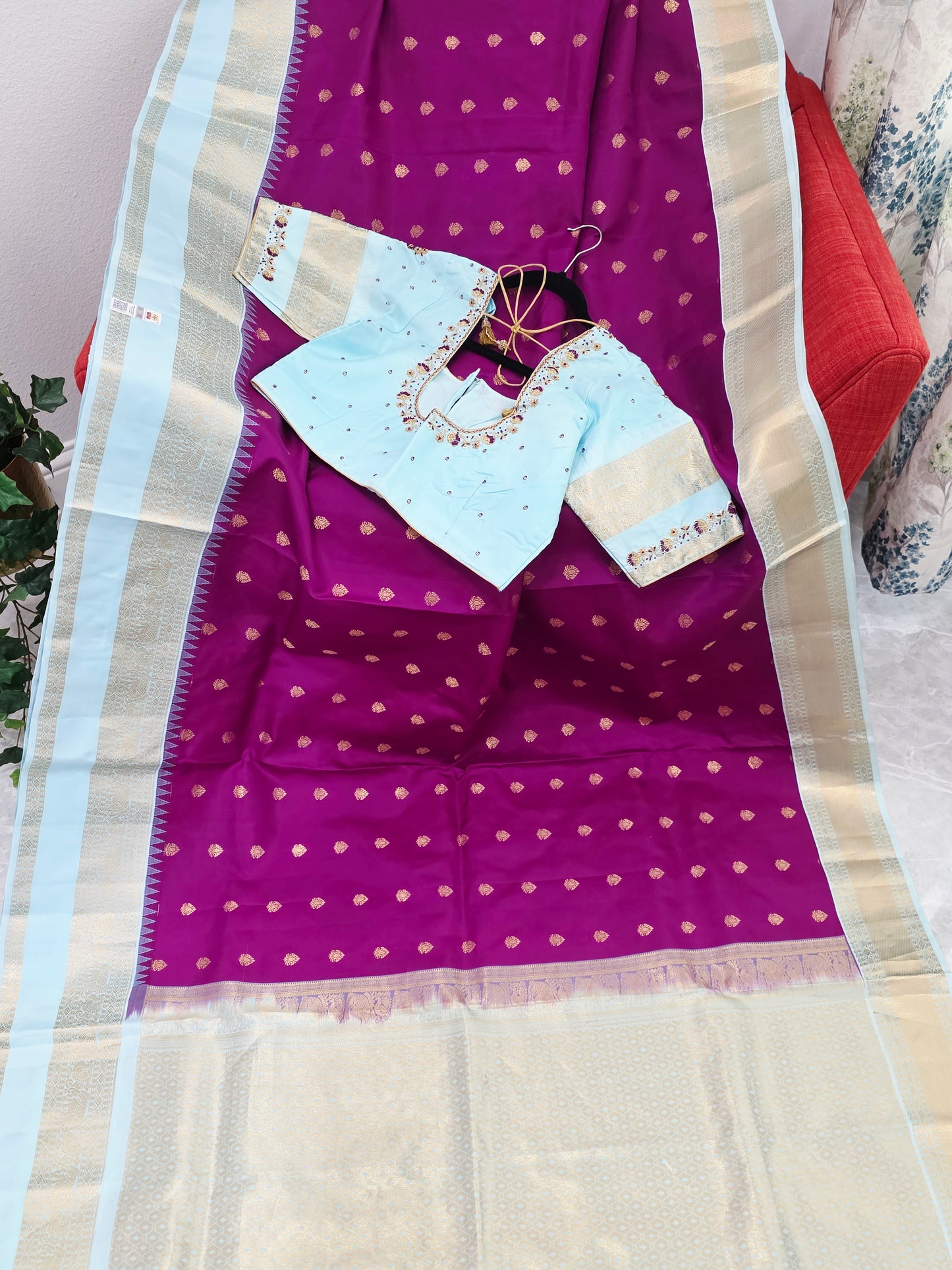 Royal Magenta & Powder Blue Pure Kanchipuram Soft Silk Saree — Gap Border Butta Weave with Stitched Maggam Work Blouse & Gold Tassel Pallu