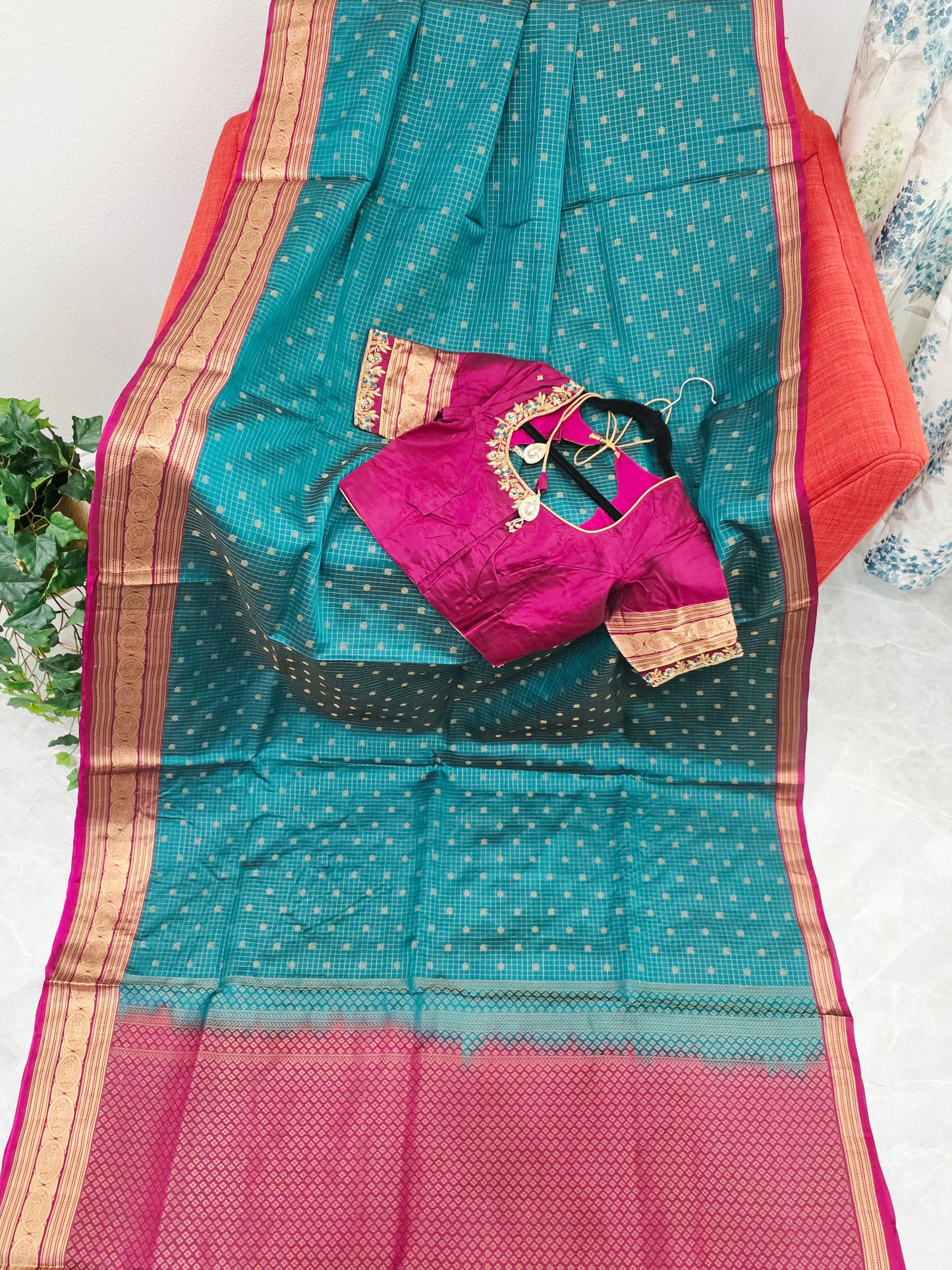 Teal Green Kanchi Soft Silk Saree with Magenta Border & Maggam Blouse