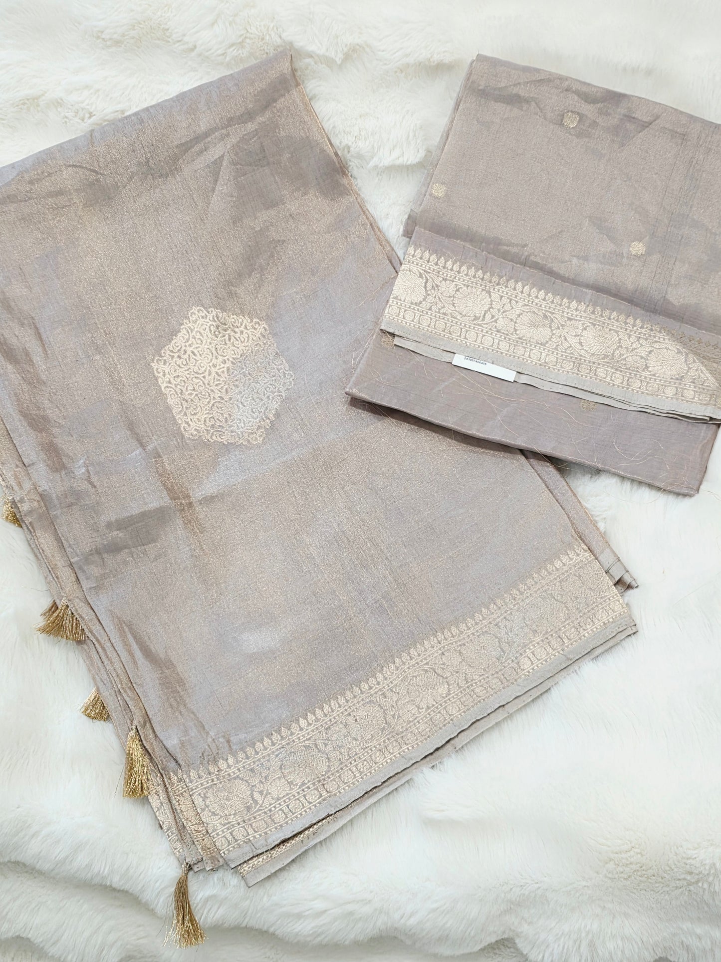 Pastel Champagne Beige Pure Benarasi Tissue Saree with Blouse Piece