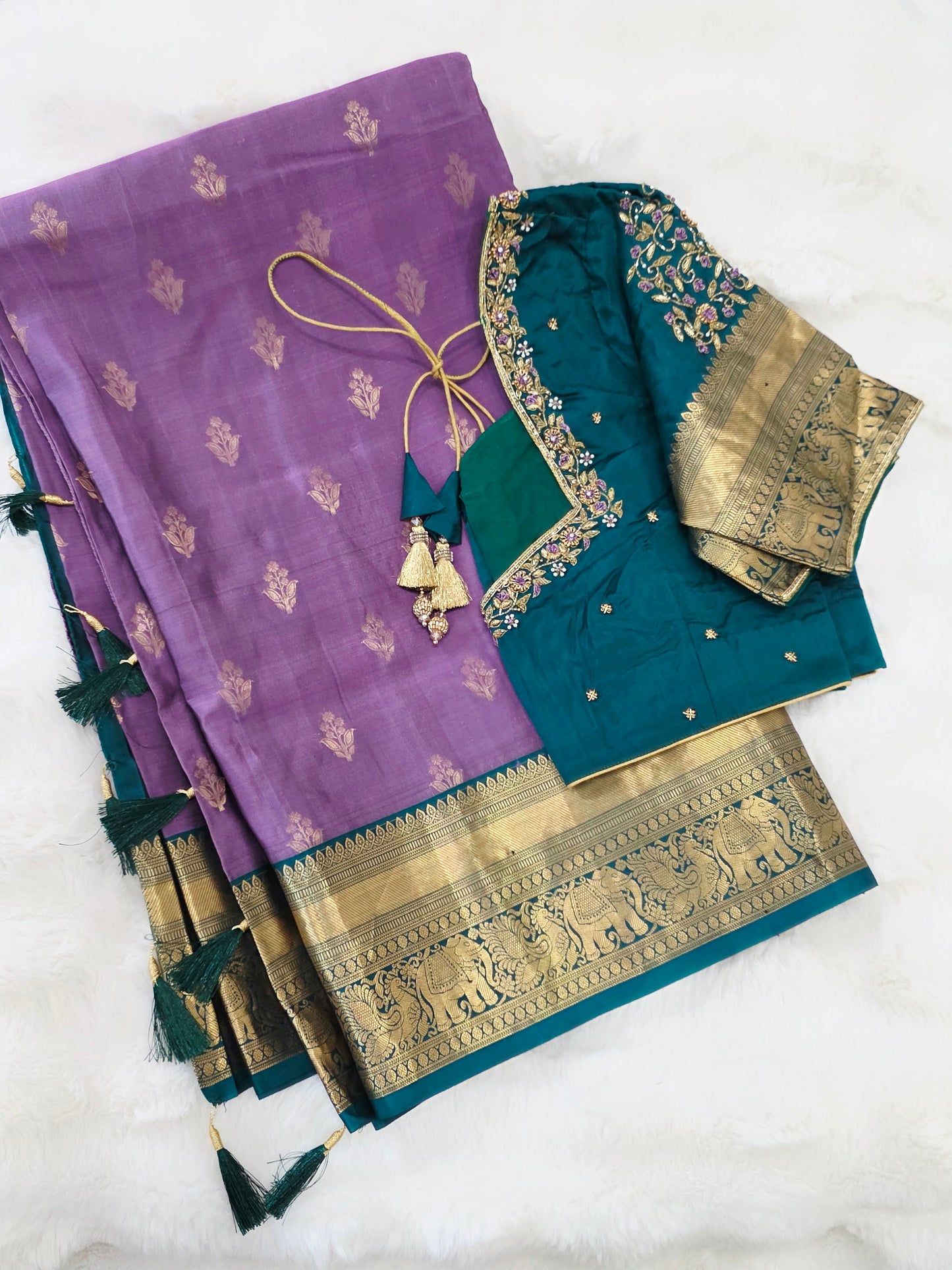 Wisteria Lavender & Peacock Teal Kanchipuram Soft Silk Saree — Gold Zari Elephant Border Butta Weave with Stitched Maggam Work Blouse & Teal Tassel Pallu | VAVS Womens Stop | Size 40–46
