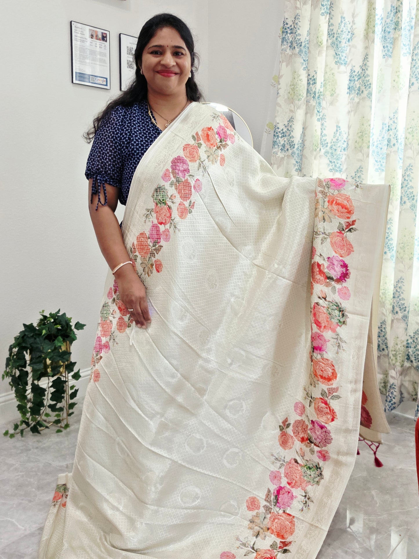 Ivory Rose Garden Munga Crepe Silk Saree with Stitched Blouse