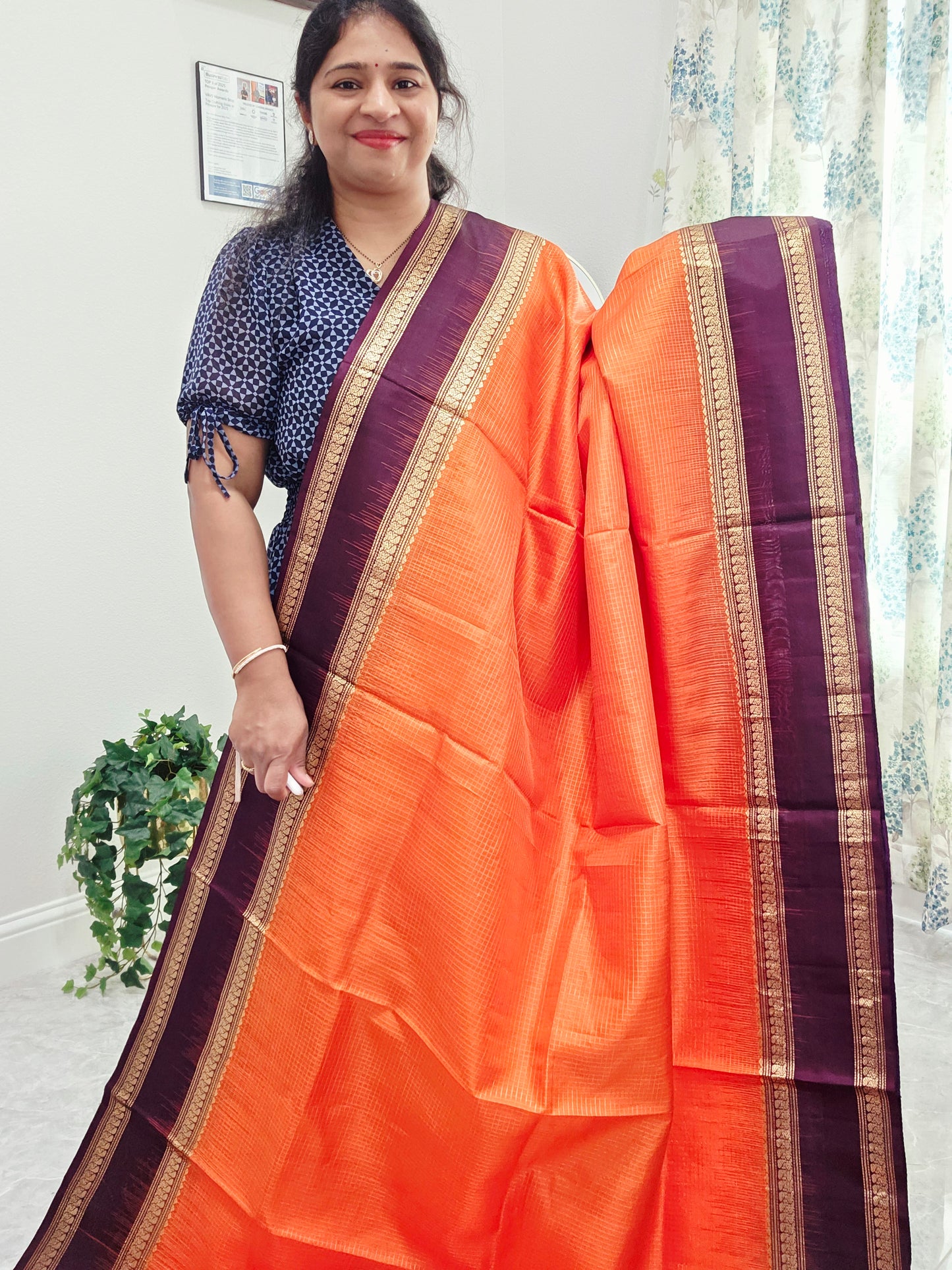 Sunset Orange Pure Kanchi Soft Silk Saree with Wine Plum Gap Border & Blouse Piece