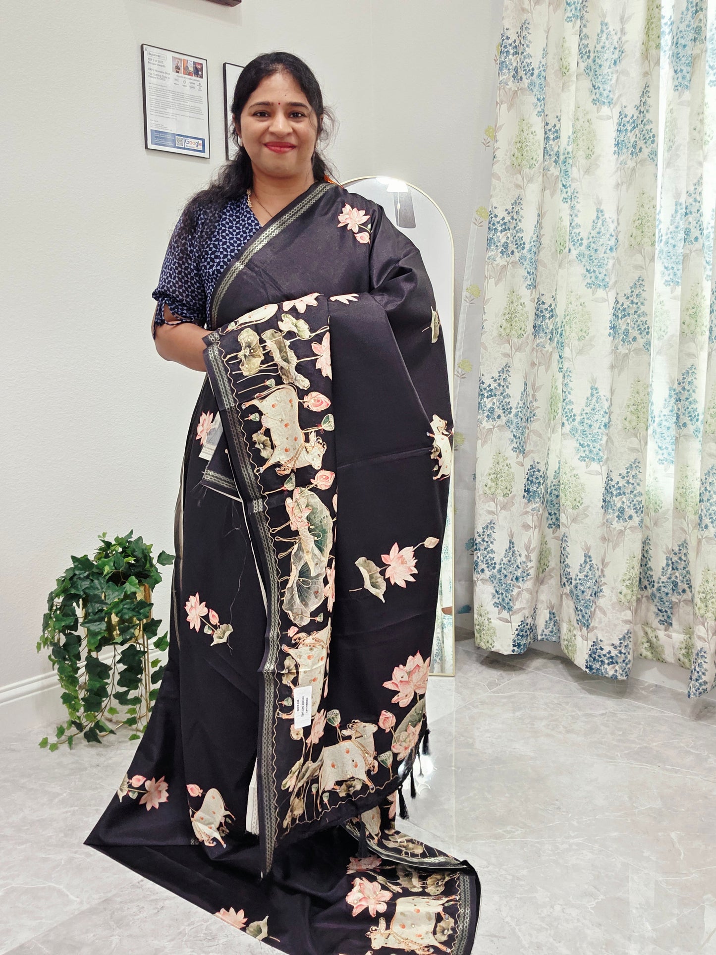 Semi Tussar Silk Saree with Pichwai Motif Print & Outline Embroidery