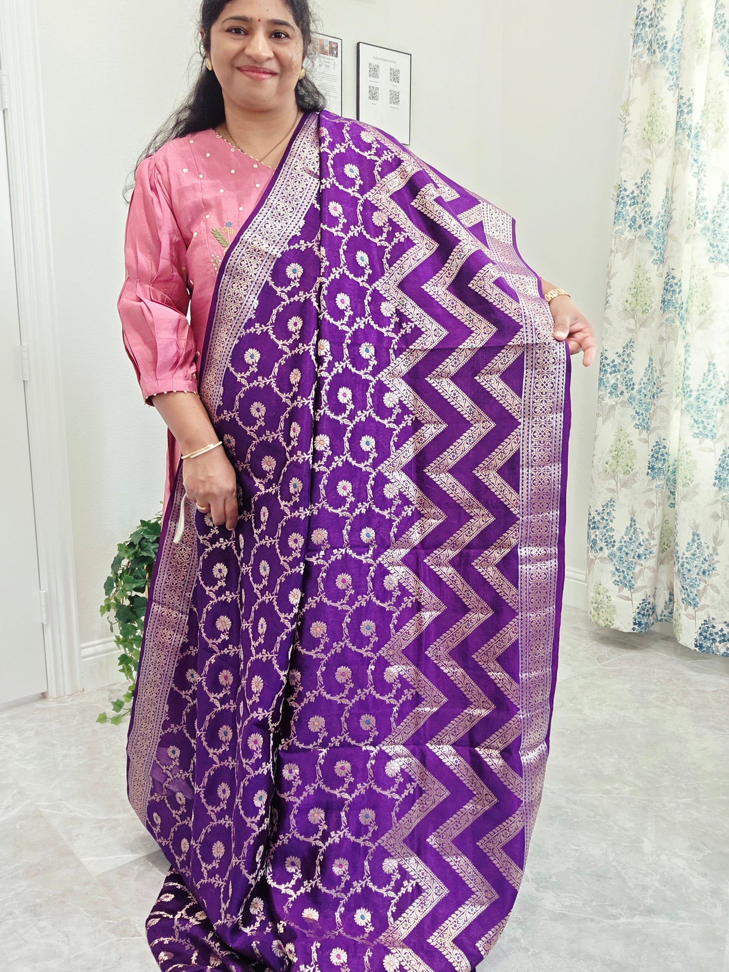 Purple Semi Mango Silk Saree with Zari Work | Stitched Blouse