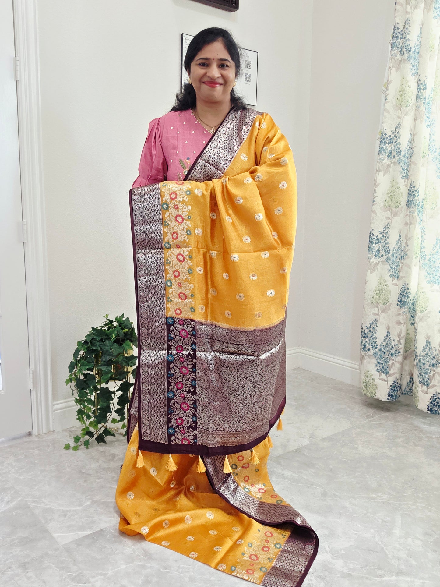 Haldi Gold Semi Mango Silk Saree with Wine Brown Zari Border & Stitched Blouse