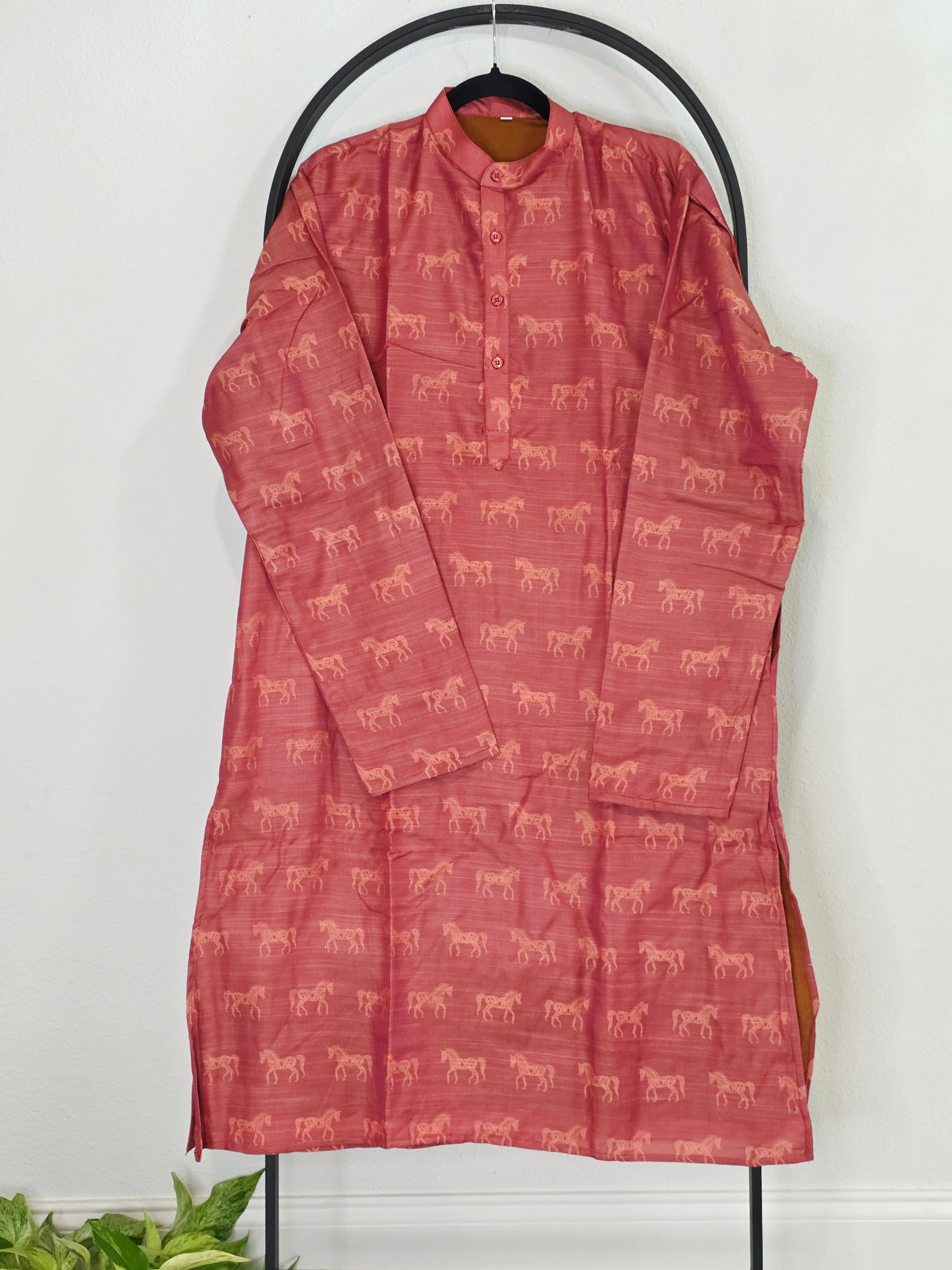 Luxury Rose Coral Horse Motif Tussar Rawsilk Kurta | XL