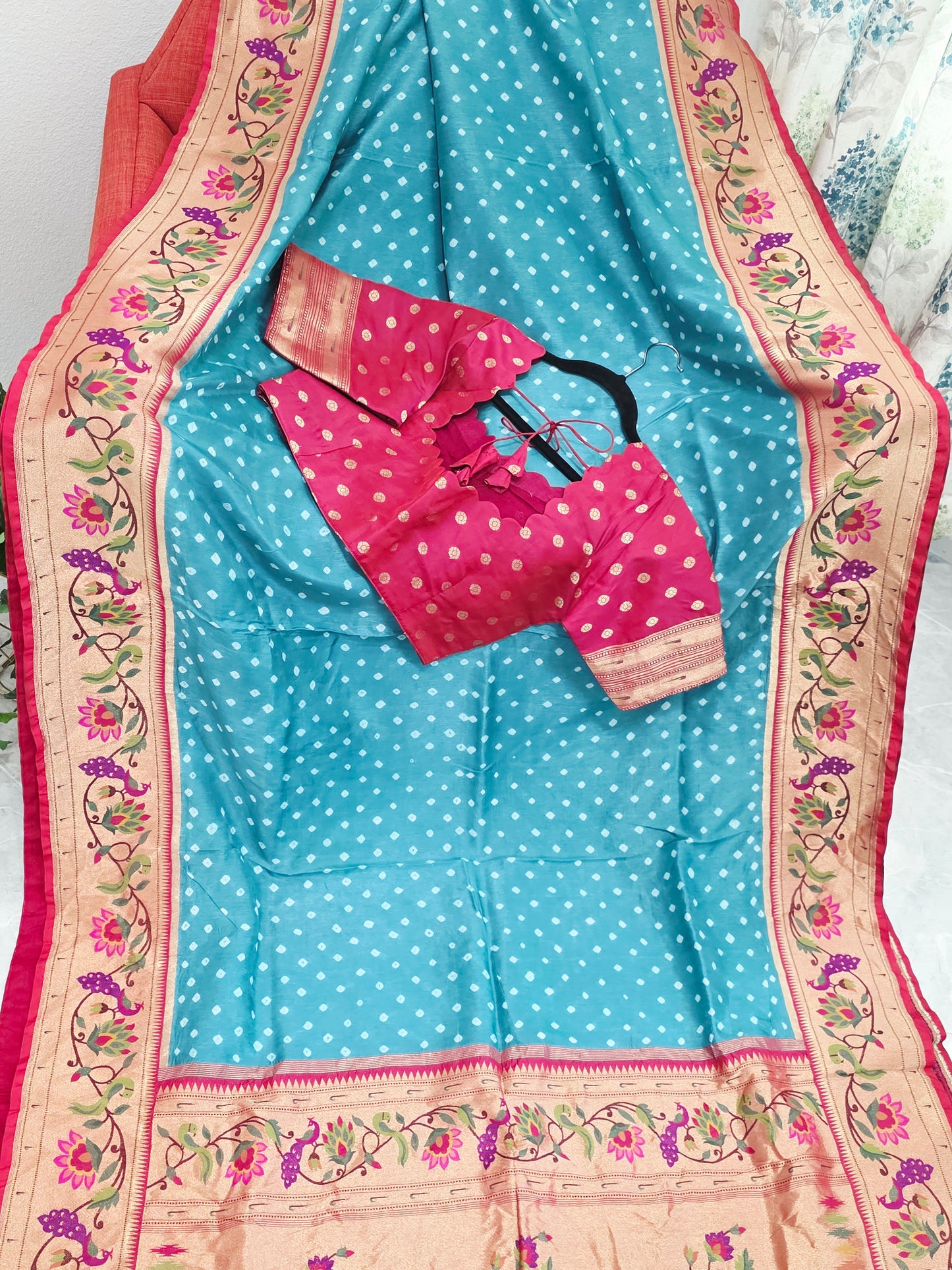 Aqua Teal Munga Silk Bandhani Saree with Paithani Zari Border & Floral Pallu Designer Stitched Blouse