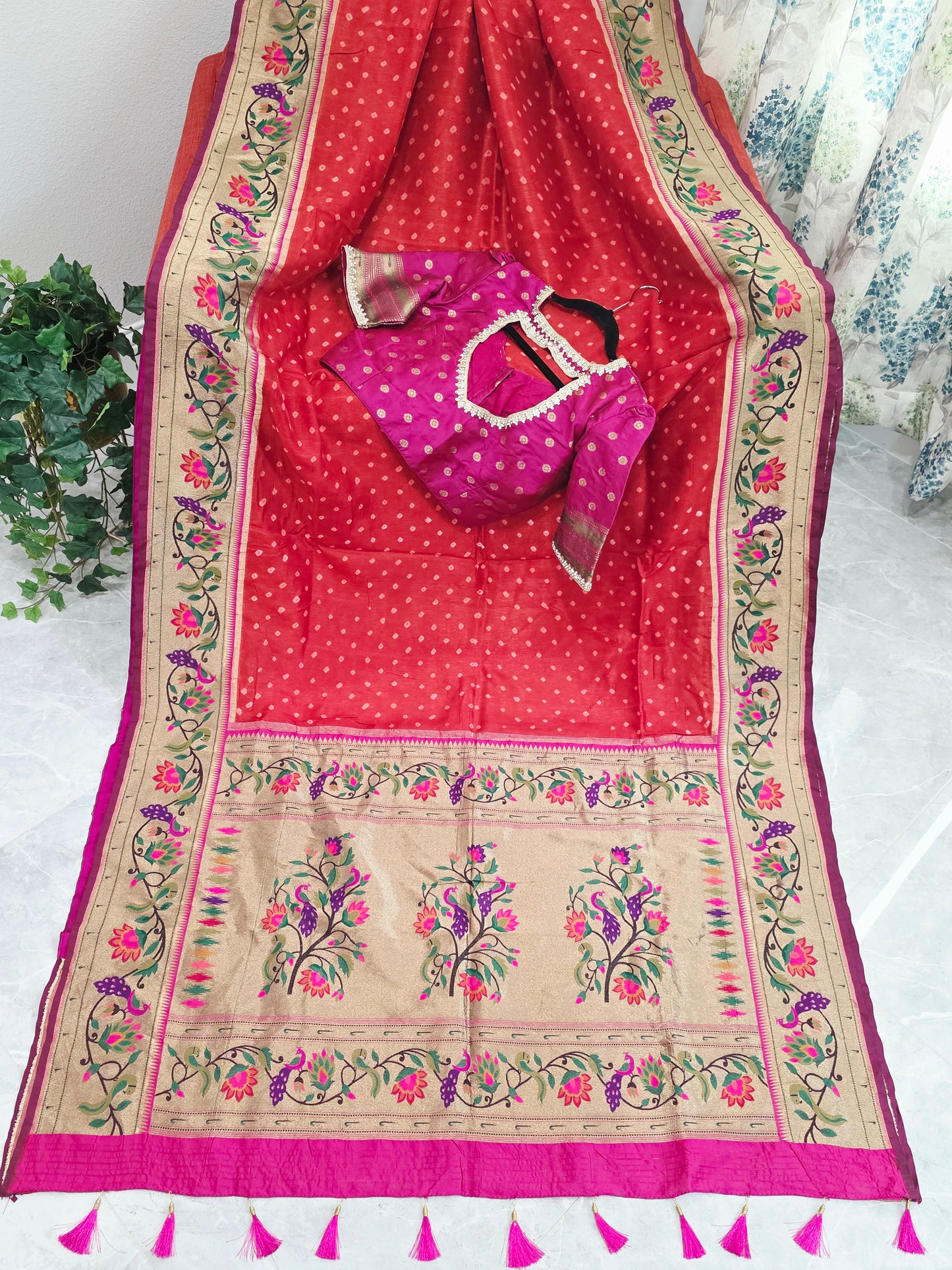 Royal Rust Munga Silk Bandhani Saree with Paithani Zari Border & Floral Pallu Designer Stitched Blouse