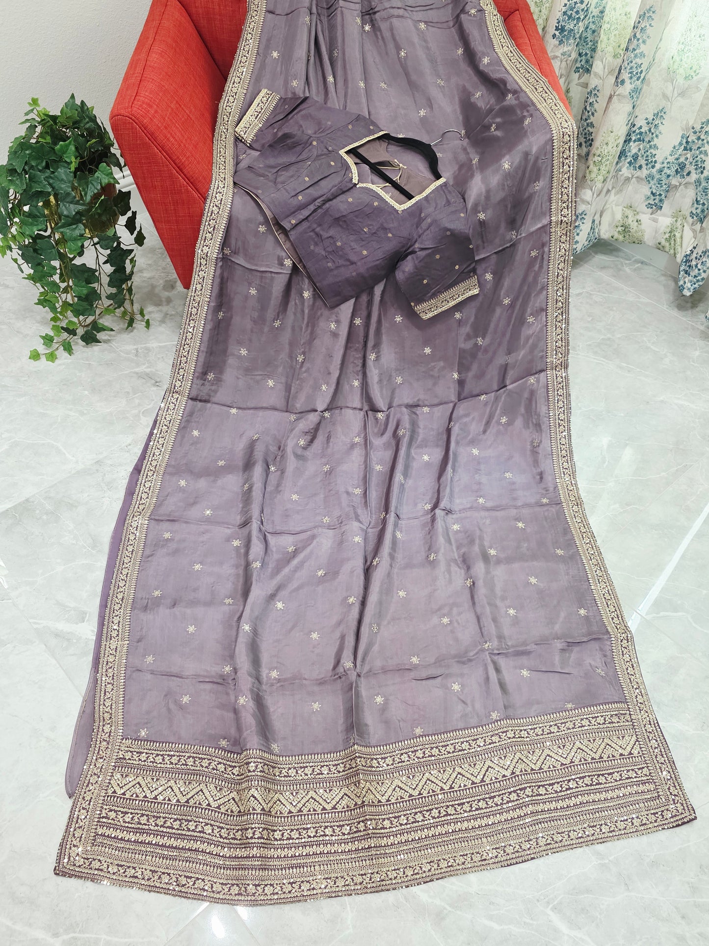 Smoky Taupe Grey Sabyasachi Inspired Viscose Crepe Silk Saree with Designer Blouse