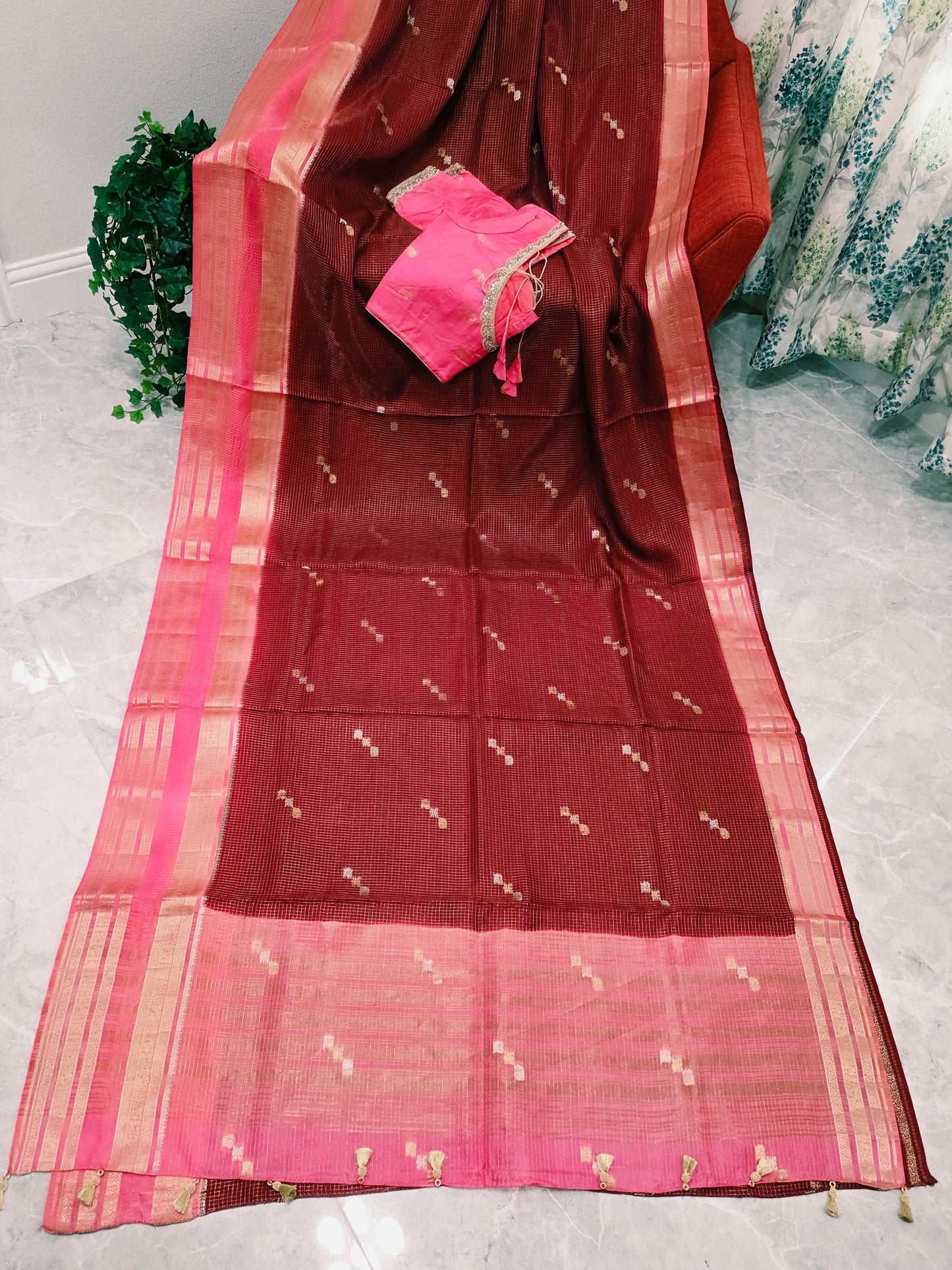 Vintage Wine Maroon Russian Dola Crepe Silk Saree with Blush Pink Zari Border & Elephant Butta Stitched Blouse