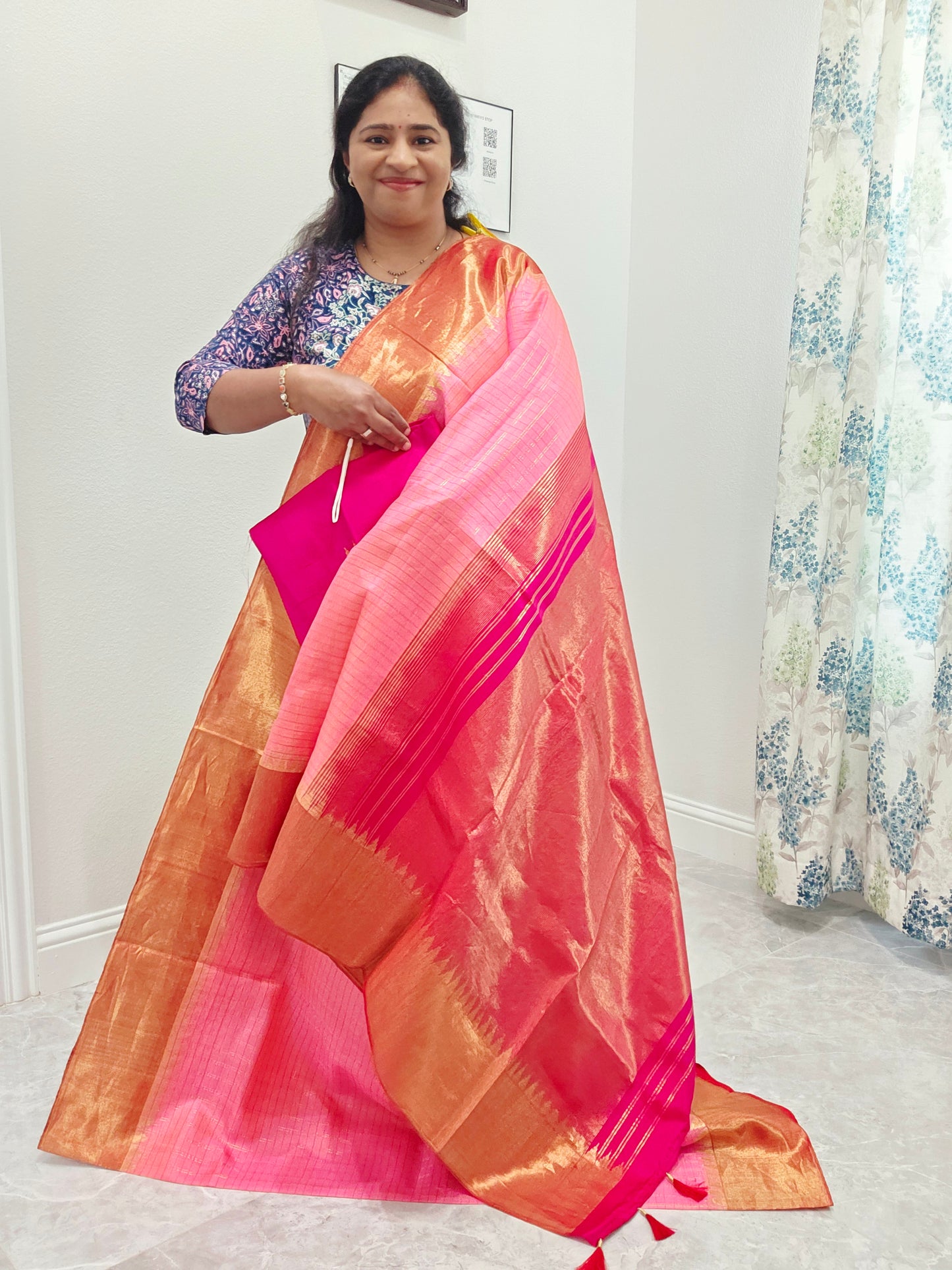 Blush Pink Pure Gadwal Handloom Soft Silk Saree with Tissue Border & Temple Design