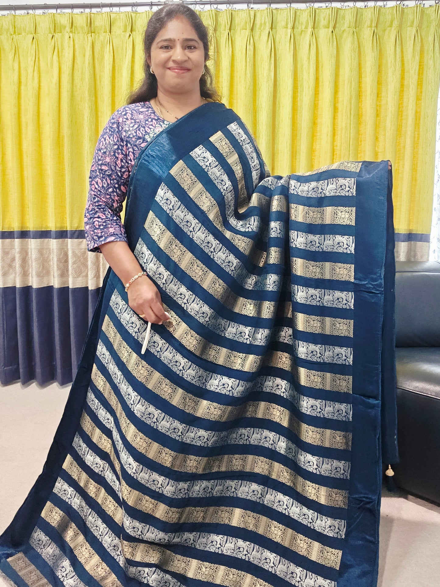 Nita Ambani Inspired Russian Dola Crepe Silk Saree with Ready Stitched Blouse | Navy Blue