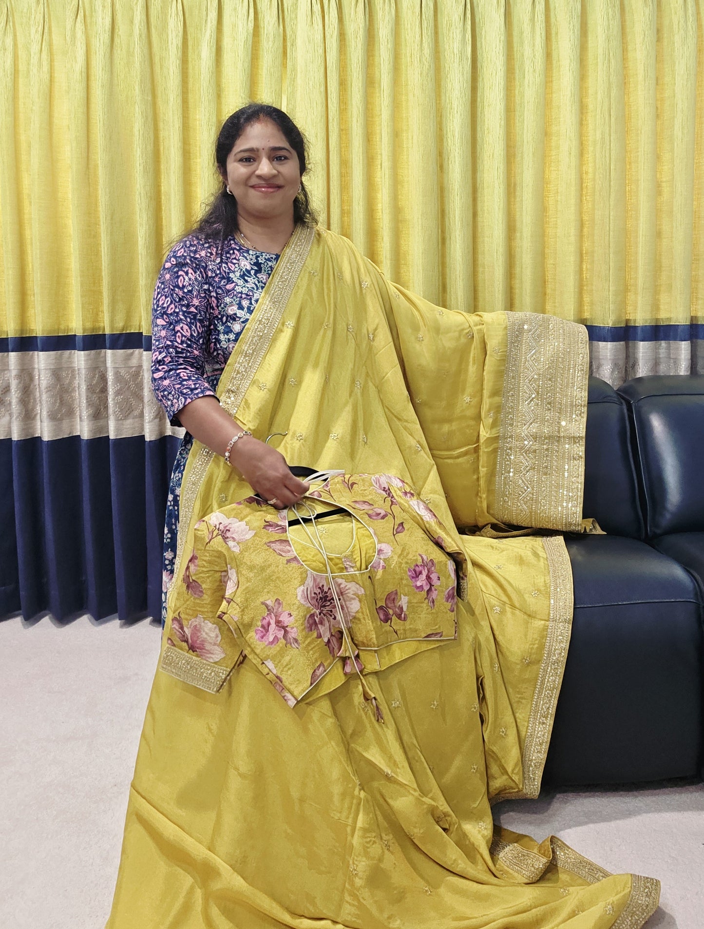 Olive Yellow Sabyasachi Inspired Designer Viscose Crepe Silk Saree with Floral Blouse