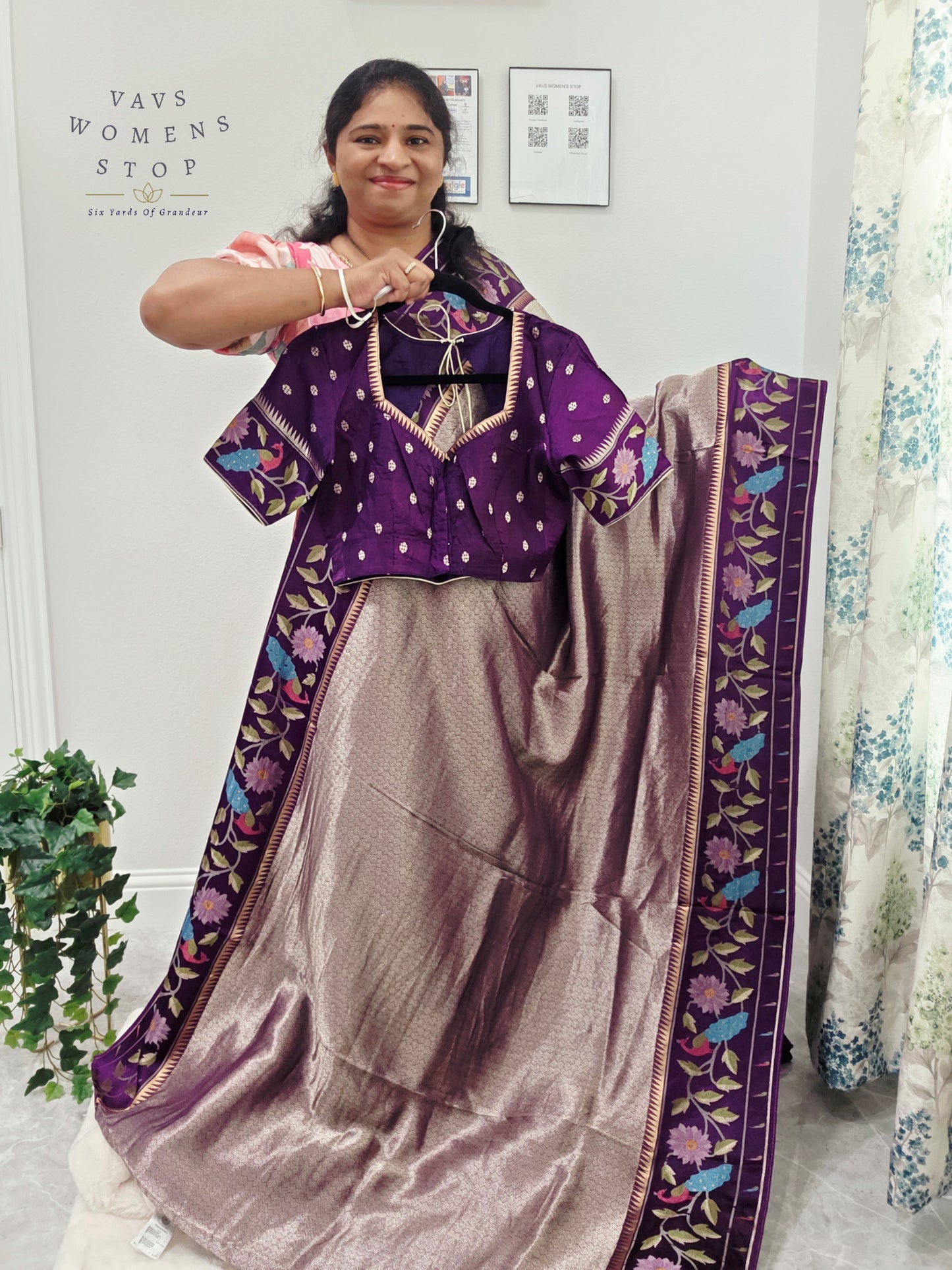 Regal Lavender Taupe Tissue Brocade Silk Saree with Floral Woven Border & Stitched Blouse