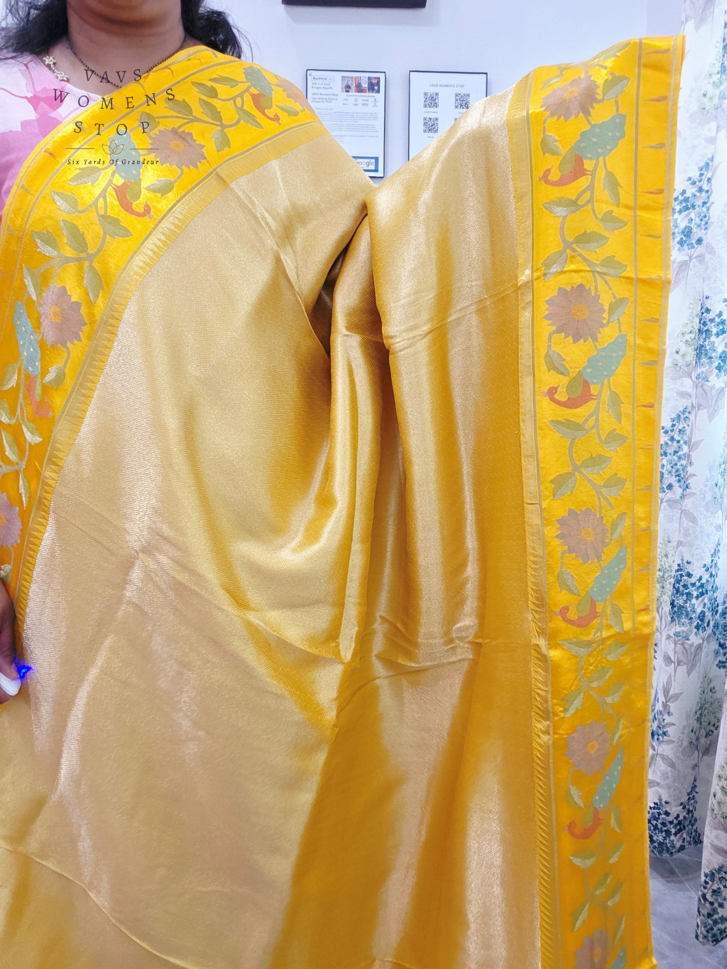 Sunlit Marigold Yellow Tissue Brocade Silk Saree with Floral Border & Stitched Blouse