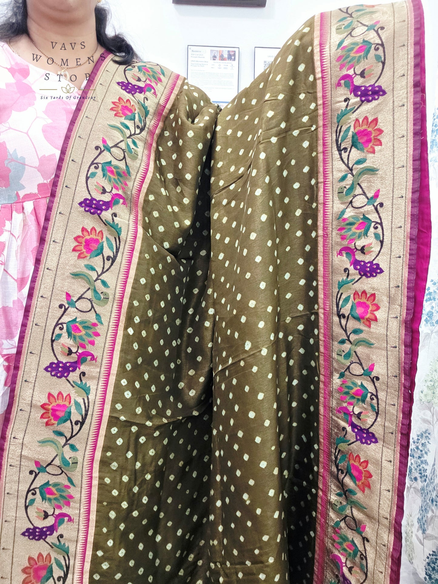 Royal Olive Moss Green Munga Silk Bandhani Saree with Paithani Pallu & Designer Blouse Size 36-42