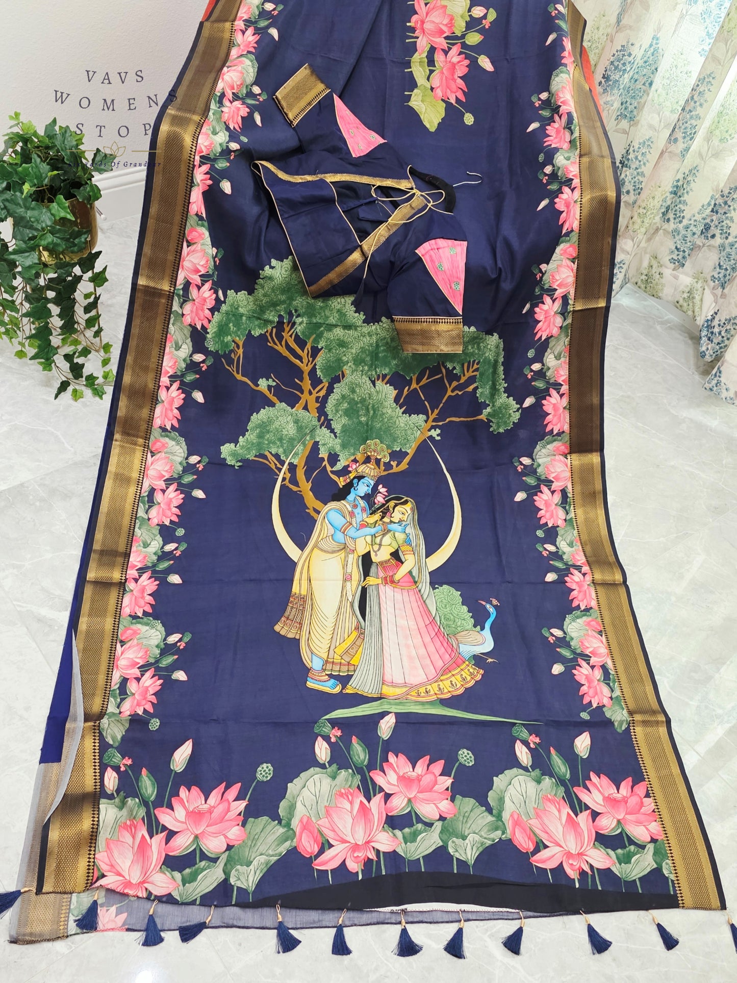 Royal Midnight Navy Semi Dola Silk Saree with Radha Krishna Pallu & Lotus Border | Stitched Blouse