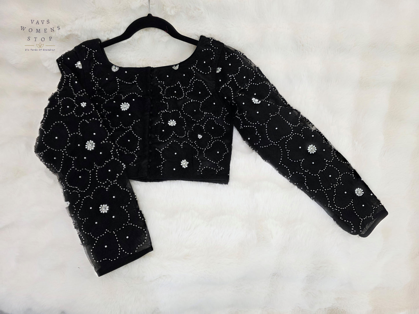Luxury Midnight Onyx Black Designer Net Crystal Work Blouse | Full Sleeves | Size 36-42