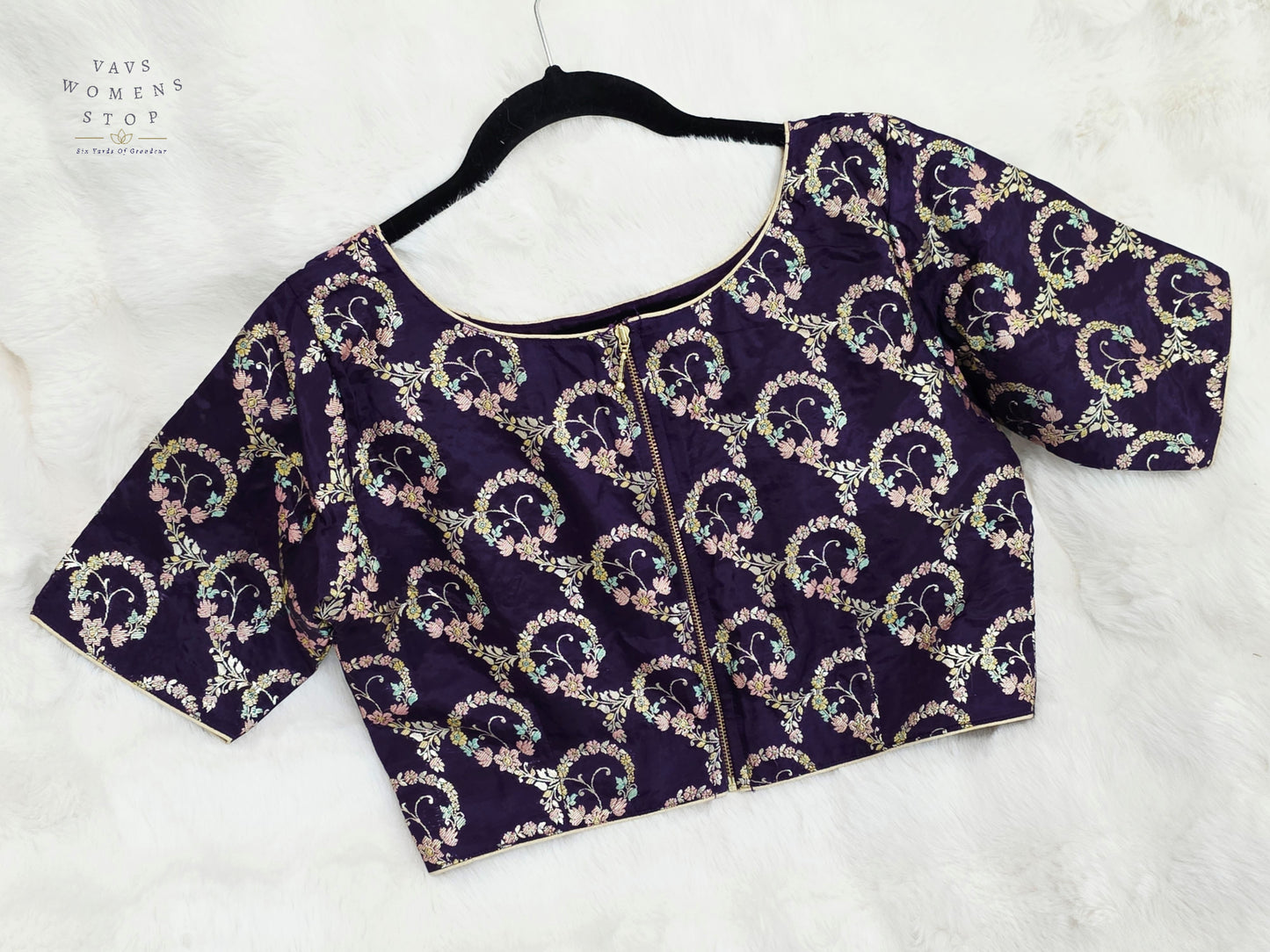 Royal Aubergine Floral Vine Munga Benarasi Silk Designer Blouse | Size 38-44