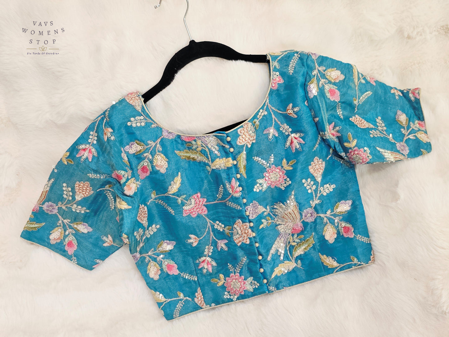 Turquoise Bloom Tissue Embroidery & Sequins Designer Blouse