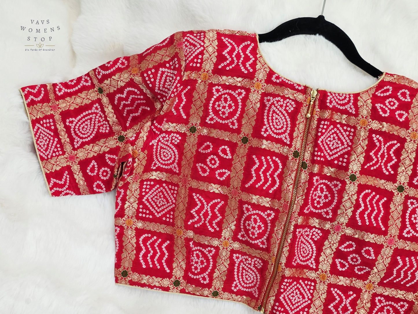 Ruby Vermilion Gharchola Checks Bandhani Munga Benarasi Silk Designer Blouse