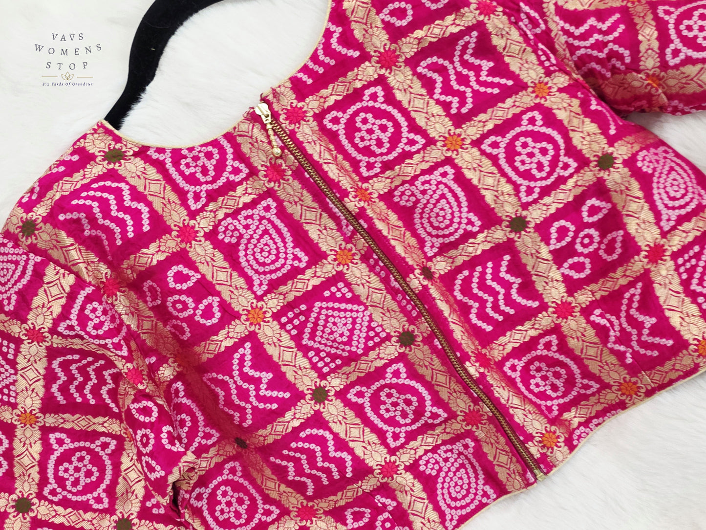 Rani Fuchsia Pink Gharchola Checks Bandhani Munga Benarasi Silk Designer Blouse | Size 40-46