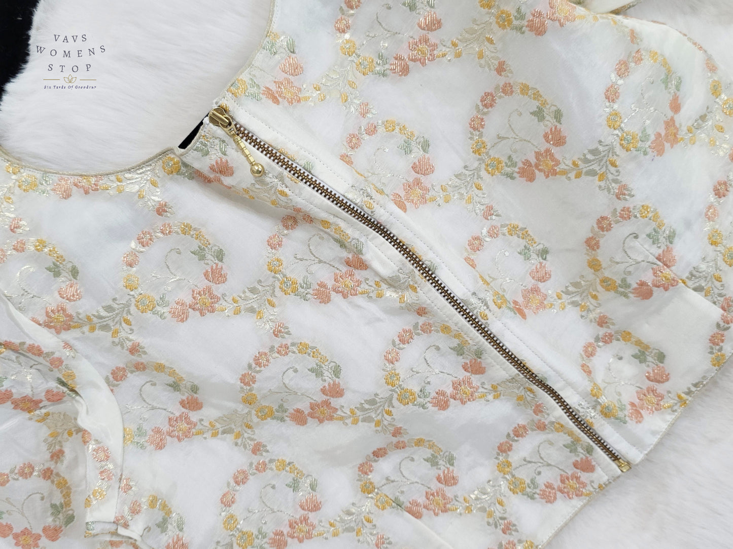 Ivory Pearl Floral Munga Benarasi Silk Designer Blouse