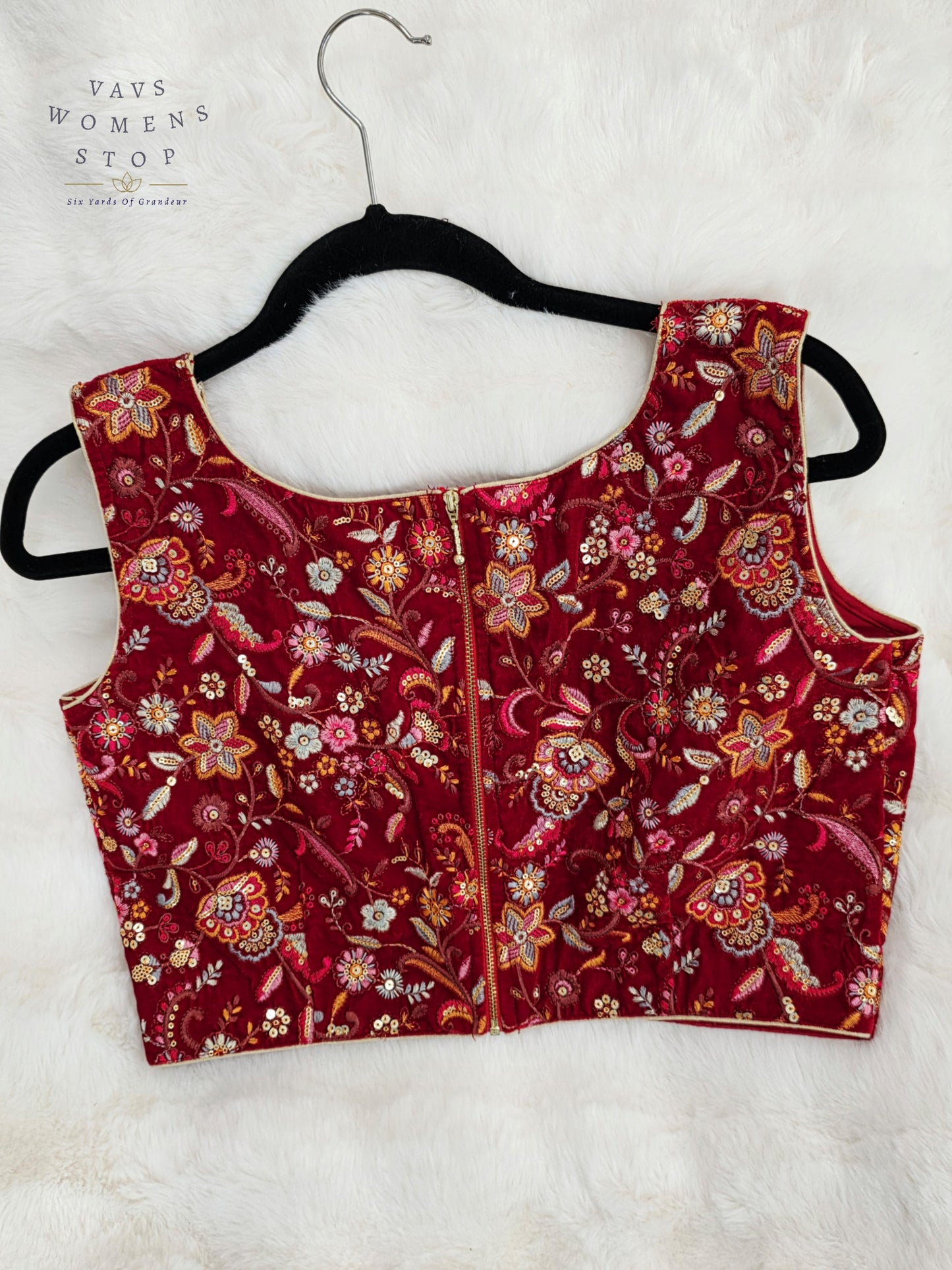 Luxury Royal Ruby Wine Red Floral Embroidered Velvet Designer Blouse | Size 38-44