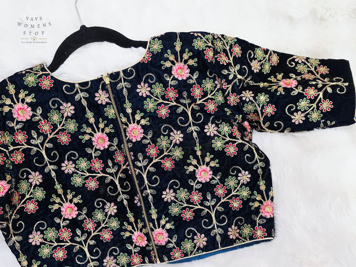 Luxury Royal Darkest Teal Blue Velvet Floral Embroidered Designer Blouse | Size 40-46
