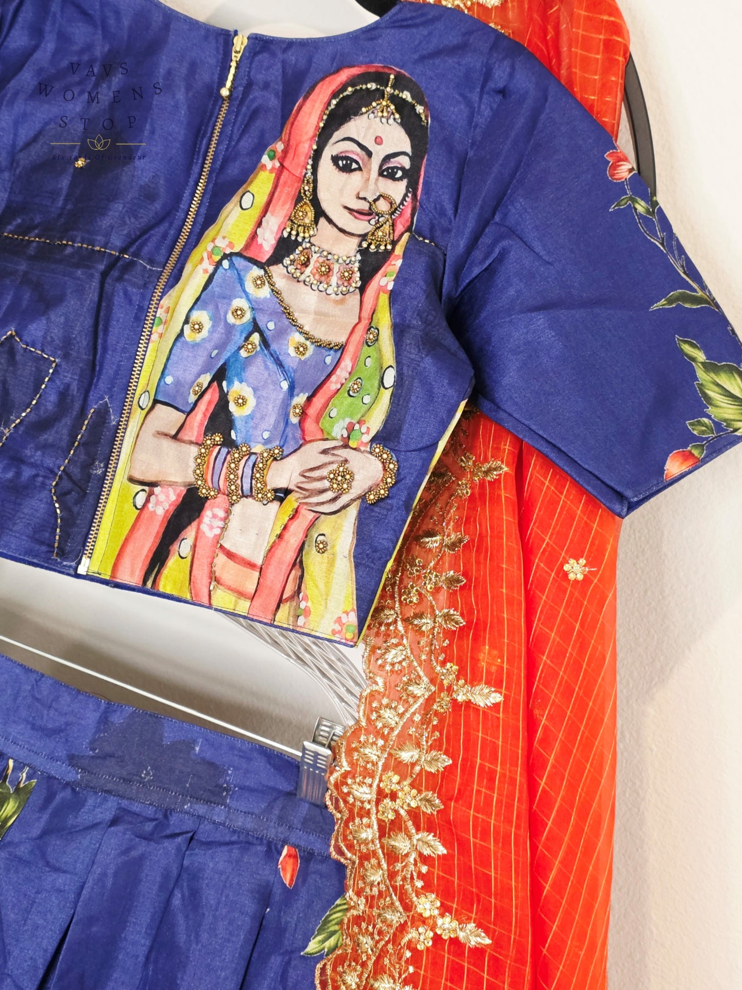 Royal Sapphire Blue Designer Tussar Silk Cotton Lehenga Set with Vermilion Orange Embroidered Dupatta | Size 34-40