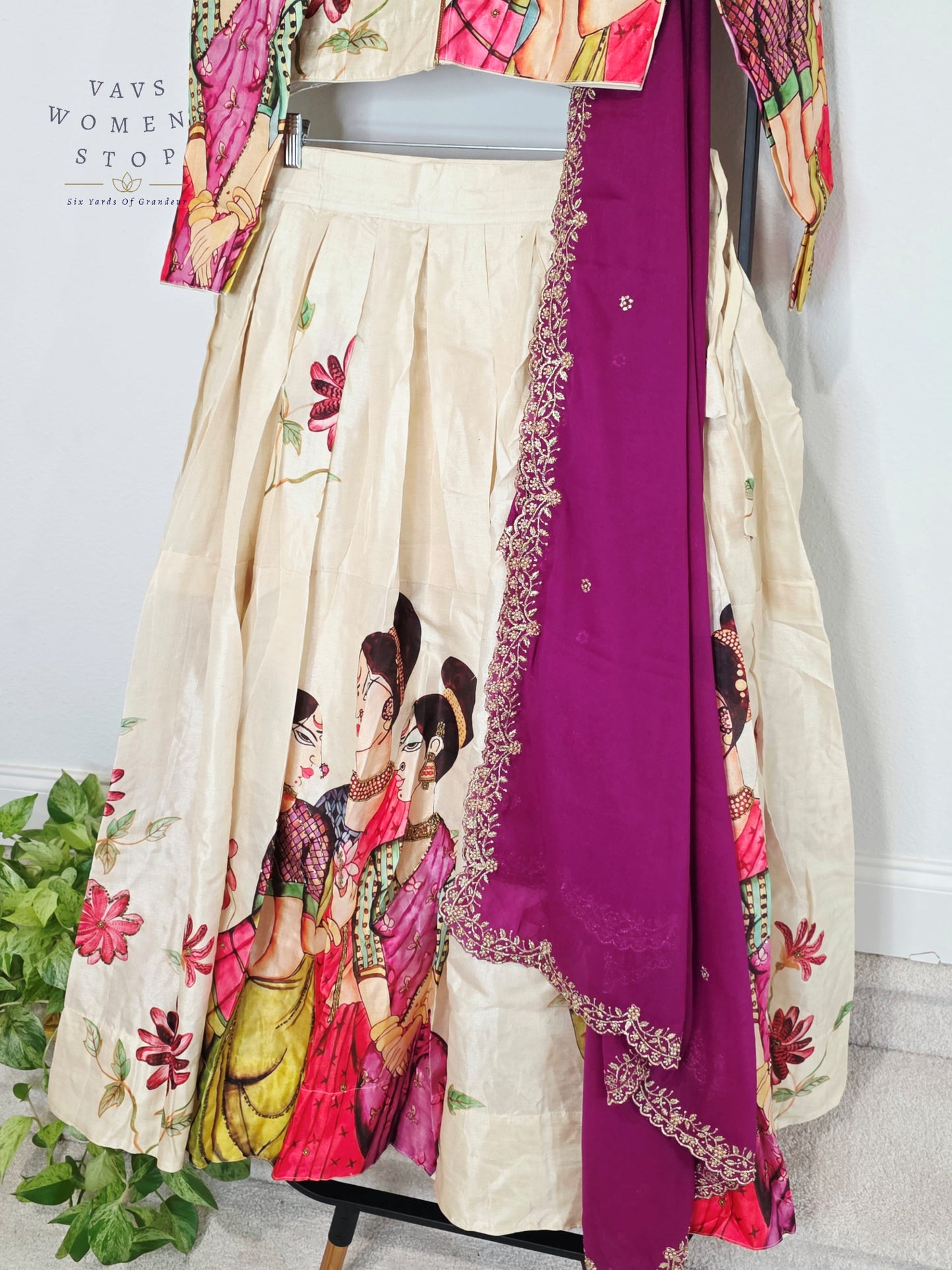 Royal Ivory Pearl Designer Tussar Silk Cotton Lehenga Set with Regal Orchid Purple Embroidered Dupatta | Size 38-44