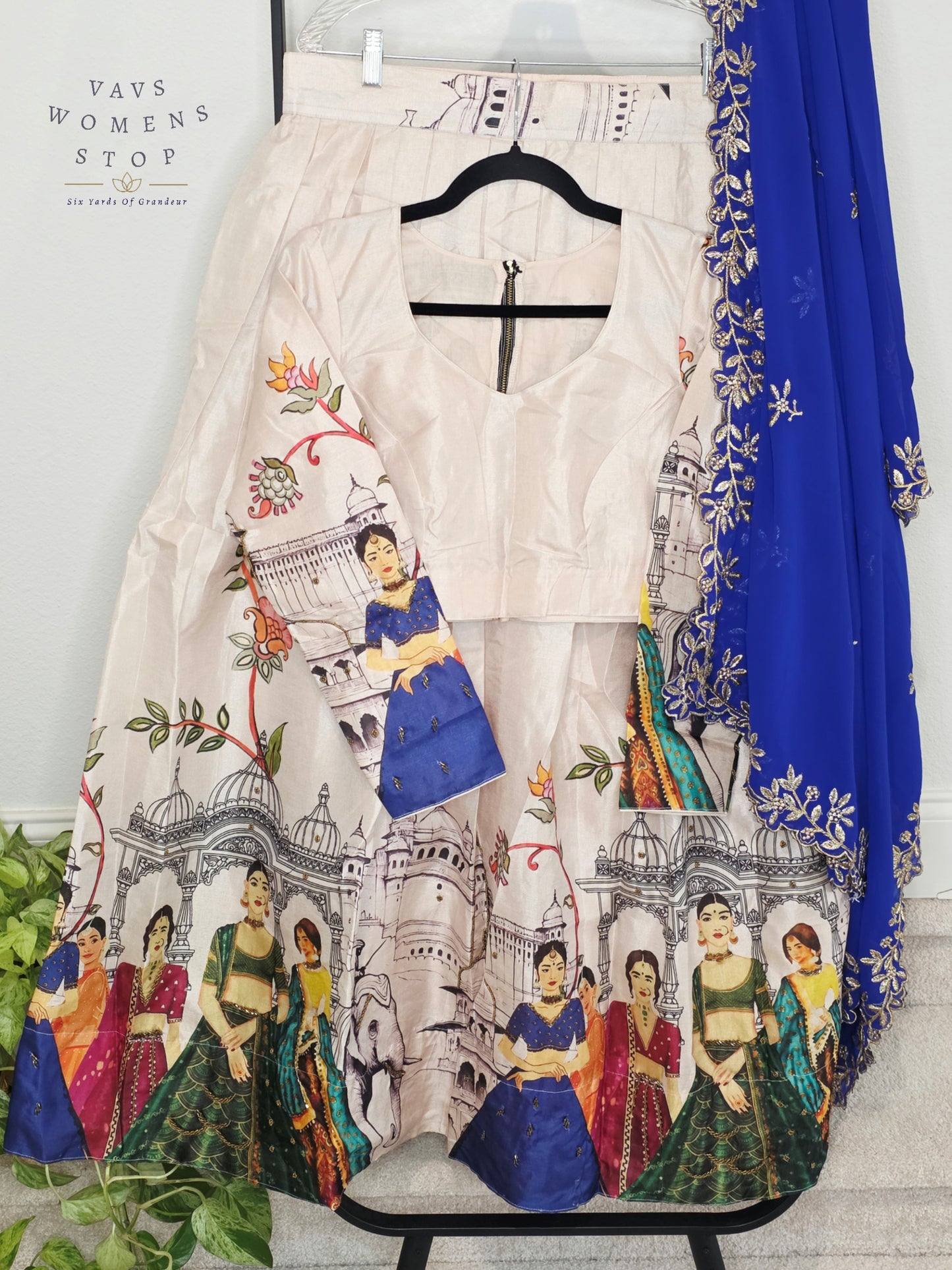 Royal Ivory Pearl Designer Tussar Silk Cotton Lehenga Set with Royal Sapphire Embroidered Dupatta