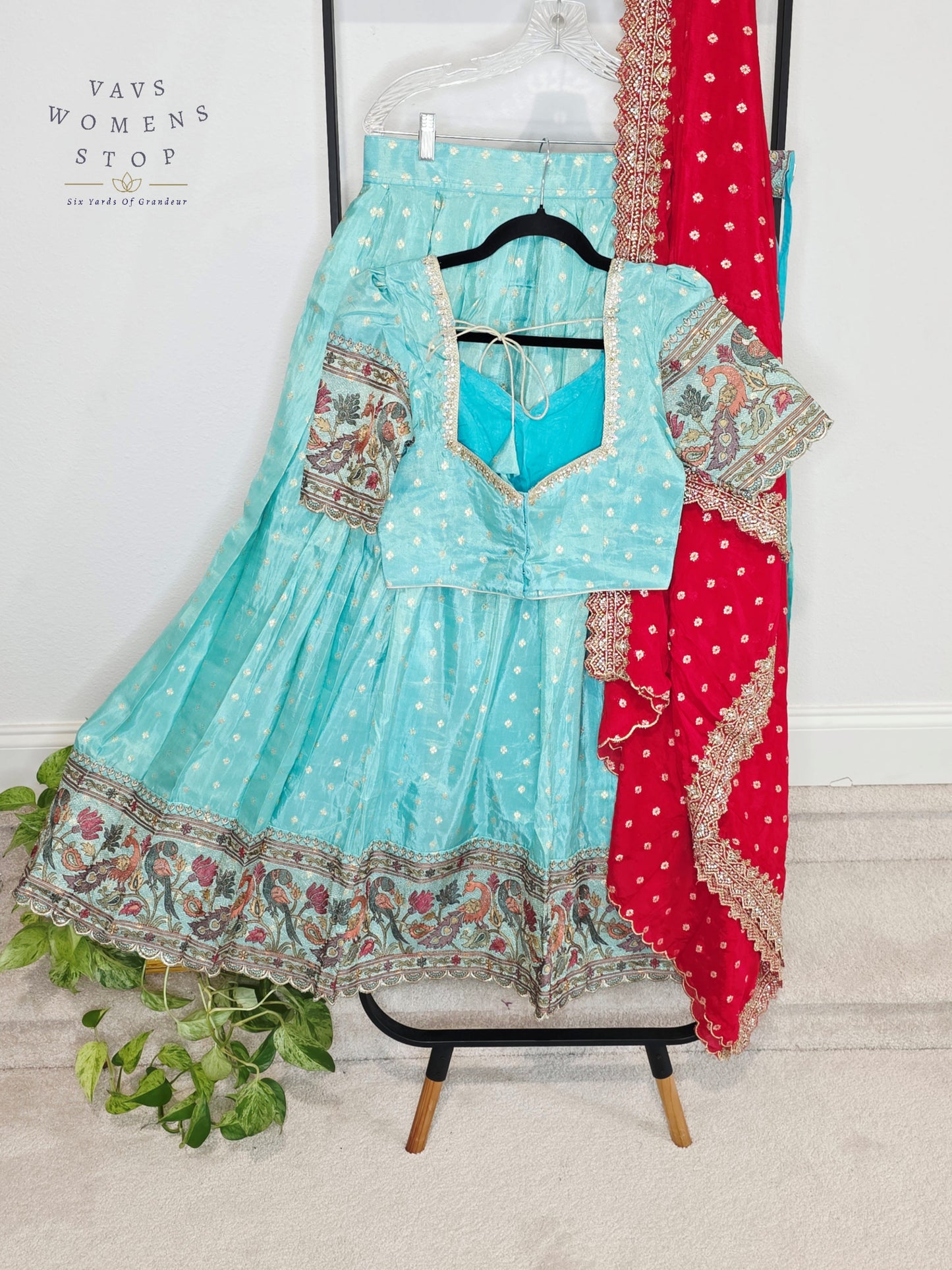 Royal Aqua Mist Munga Crepe Silk Tissue Half Saree Set with Ruby Crimson Chinon Chiffon Cutwork Dupatta | Size 34-40