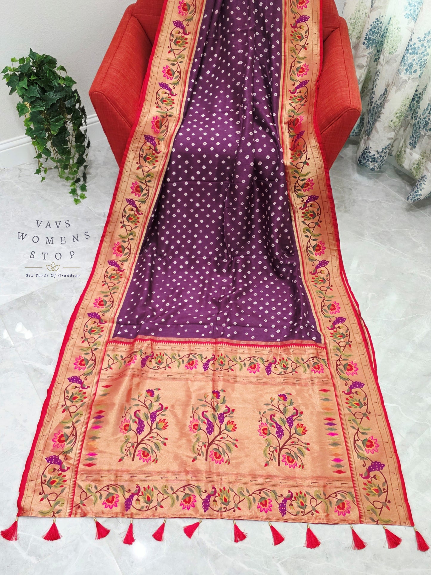 Royal Orchid Purple Munga Silk Bandhani Saree with Paithani Pallu & Designer Blouse Size 42-48