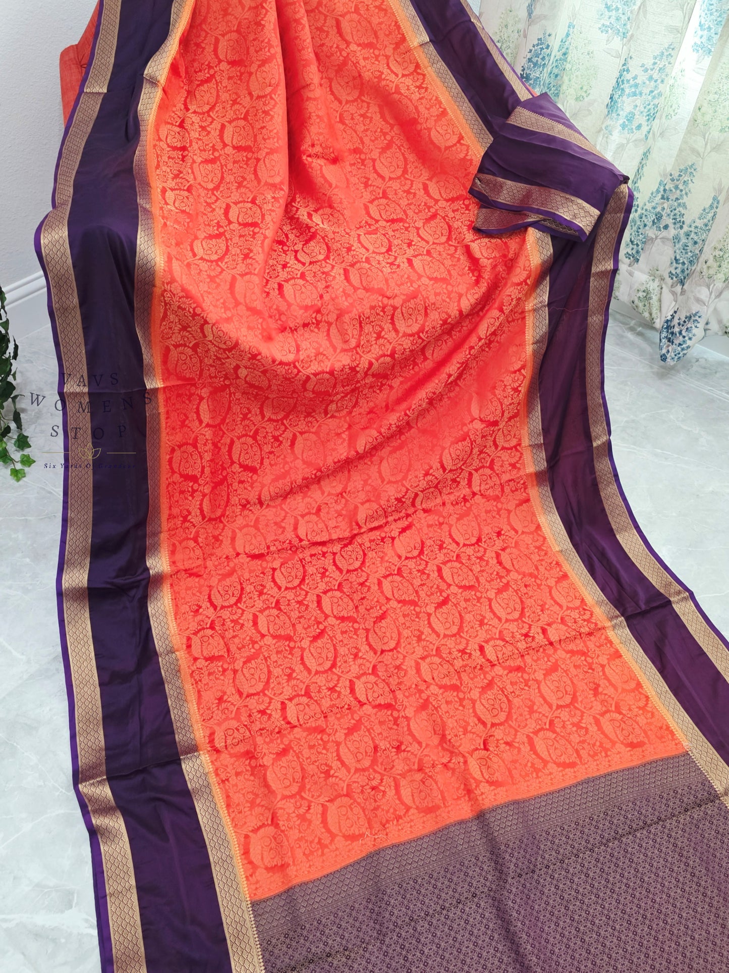 Royal Coral Peach & Orchid Purple Gap Border Semi Mysore Crepe Silk Saree with Unstitched Blouse Piece