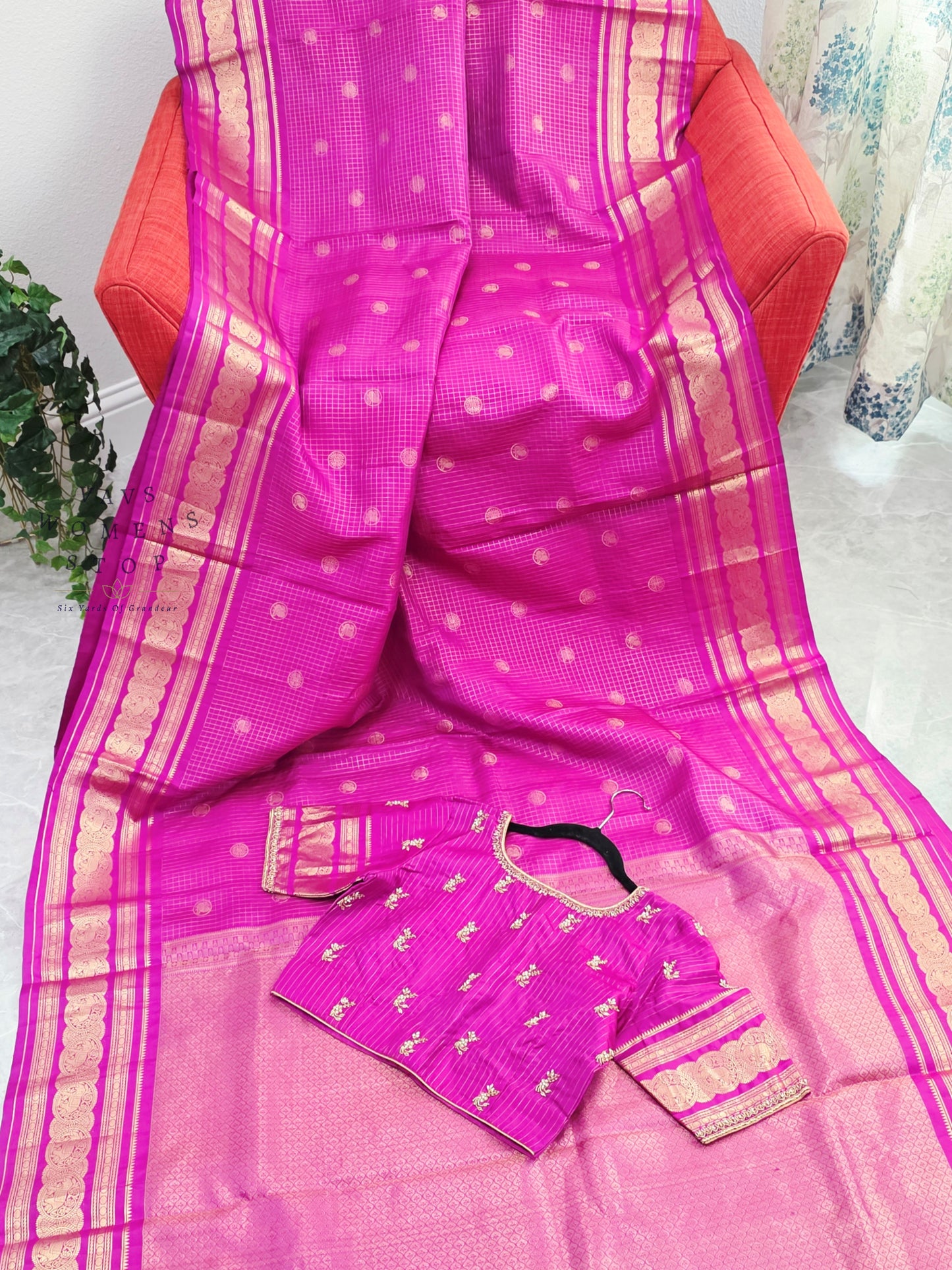 Royal Fuchsia Pink Pure Kanchi Soft Silk Checks Saree with Stitched Blouse Size 36-42