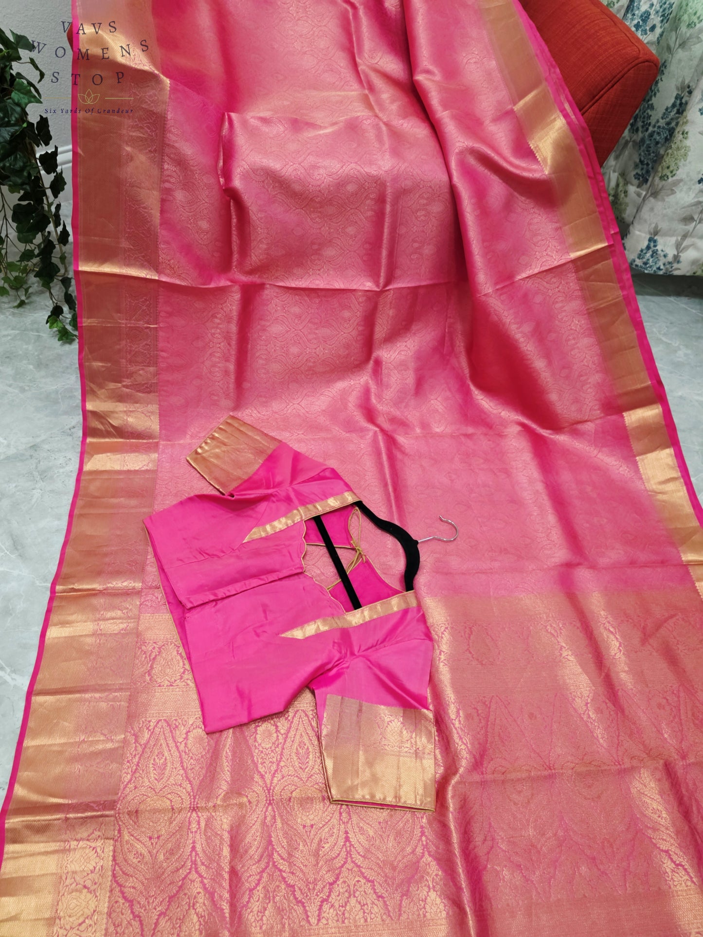 Luxury Royal Blush Pink Pure Kanchi Handloom Double Warp Soft Silk Saree with Antique Gold Zari Border & Stitched Blouse Size 38-44