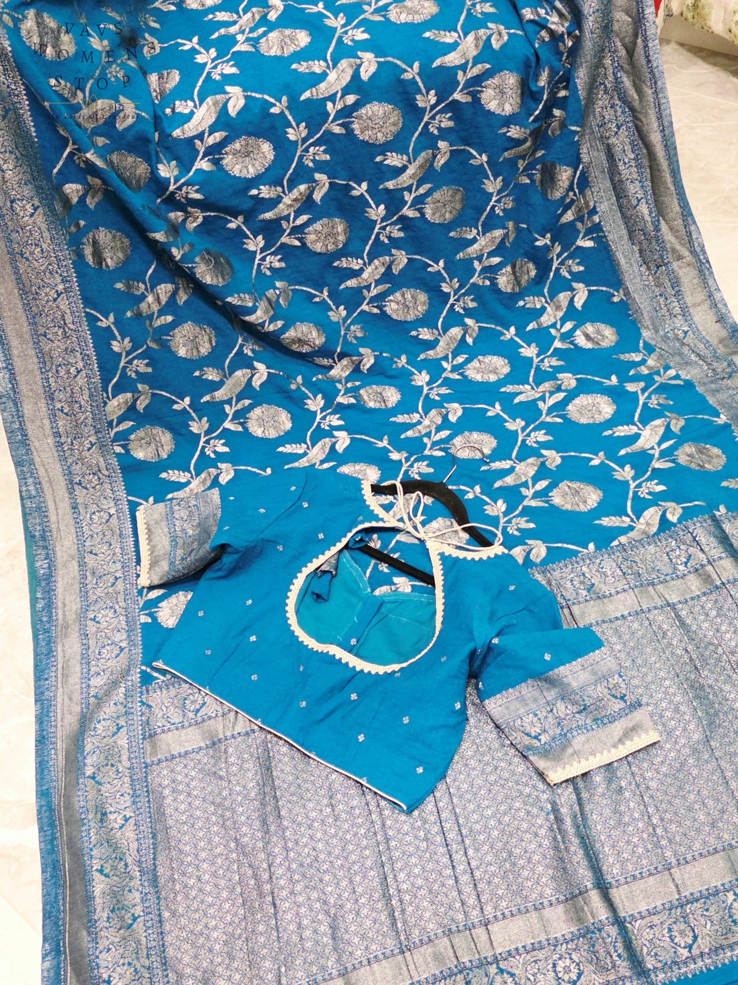 Royal Peacock Blue Semi Tussar Georgette Saree with Silver Meenakari Weave & Stitched Blouse Size 38-44
