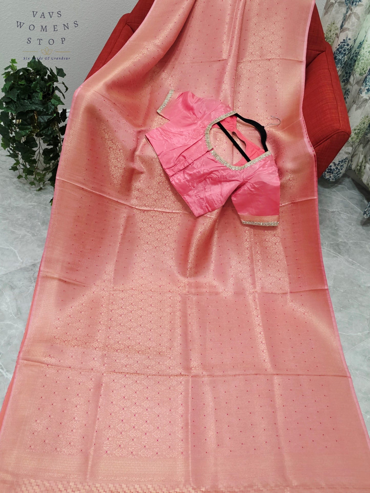 Royal Blush Coral Pink HO Crepe Silk Saree with Designer Stitched Blouse