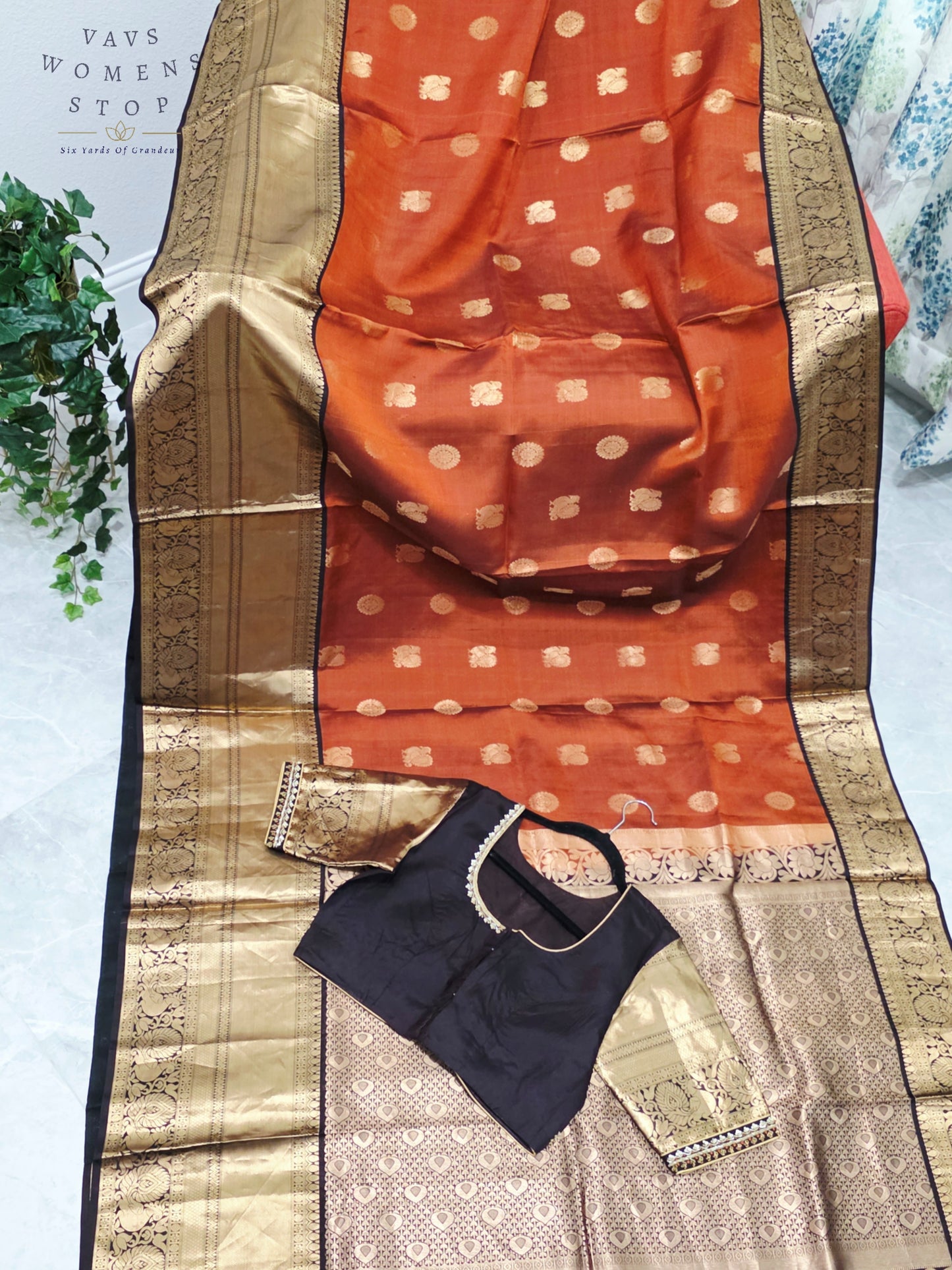 Royal Burnished Rust Pure Kanchi Soft Silk Saree with Dark Cocoa Maggam Blouse