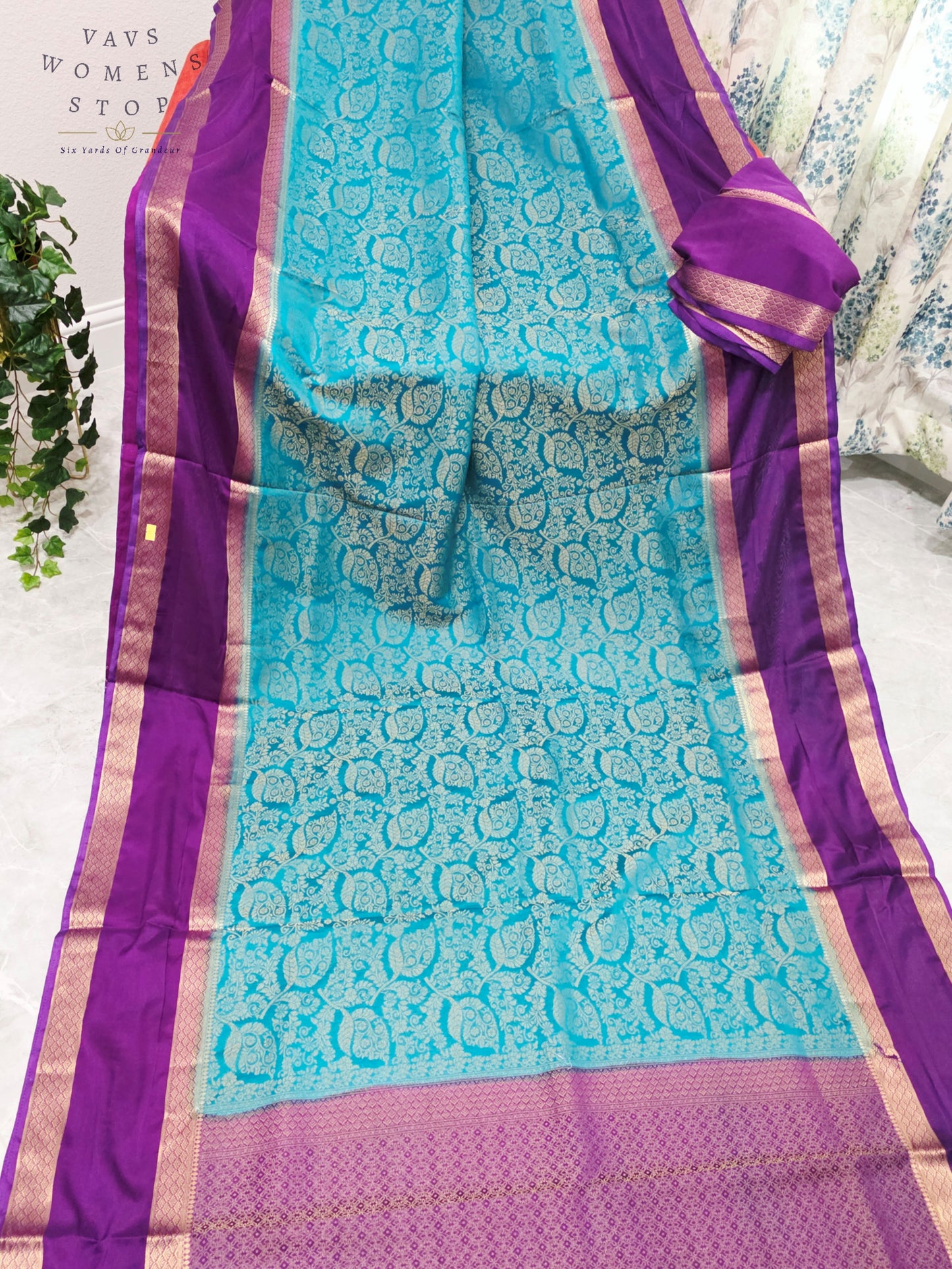 Royal Turquoise Aqua & Regal Orchid Purple Semi Mysore Crepe Silk Saree with Gold Zari Gap Border