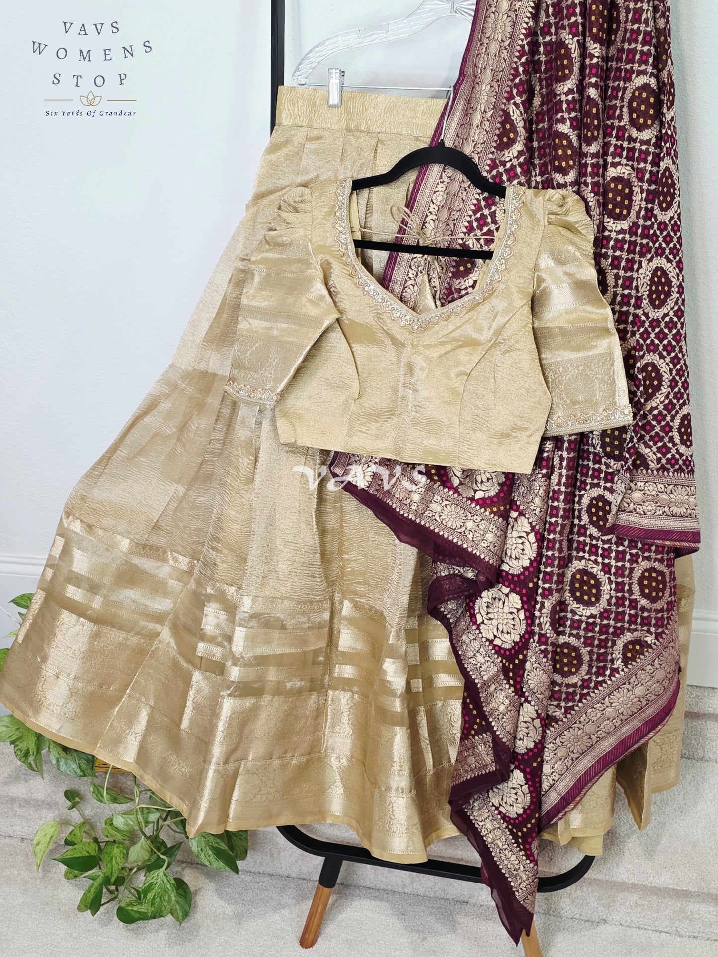 Royal Champagne Gold Tissue Banarasi Lehenga Set with Wine Bandhani Georgette Designer Dupatta