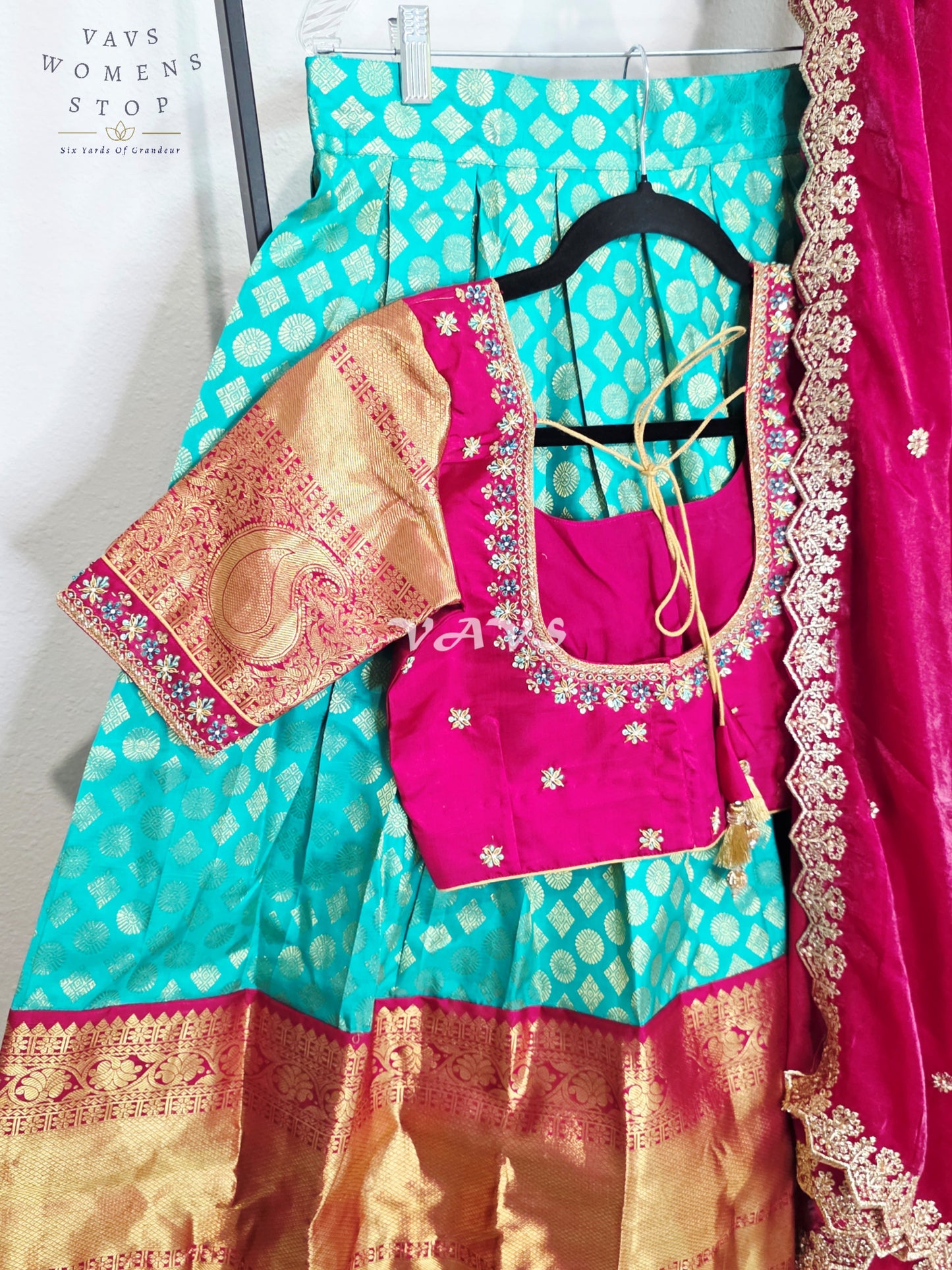 Royal Sea Green Pure Kanchi Pattu Half Saree Lehenga Set with Vintage Wine Maroon Space Silk Dupatta