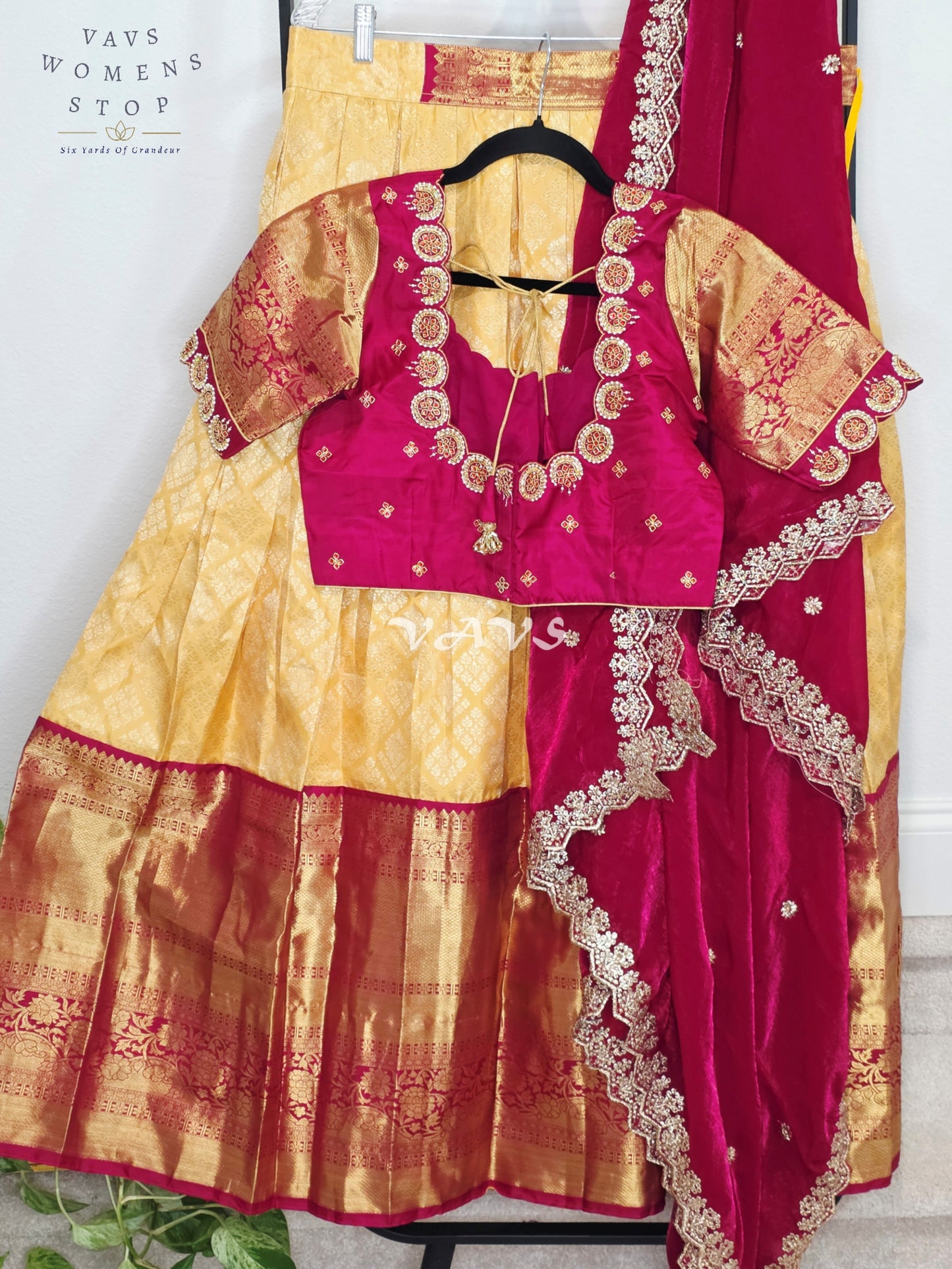 Royal Buttercream Gold Pure Kanchi Pattu Half Saree Lehenga Set with Royal Wine Maroon Space Silk Dupatta