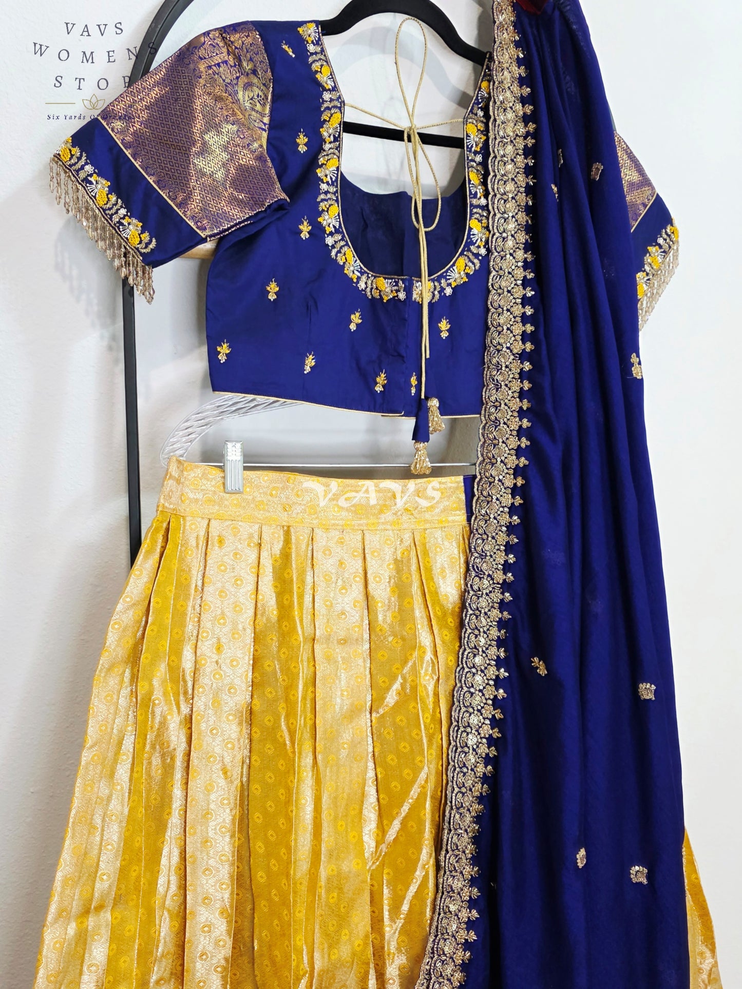 Royal Sunshine Yellow Pure Kanchi Pattu Half Saree Lehenga Set with Sapphire Blue Chinon Silk Dupatta