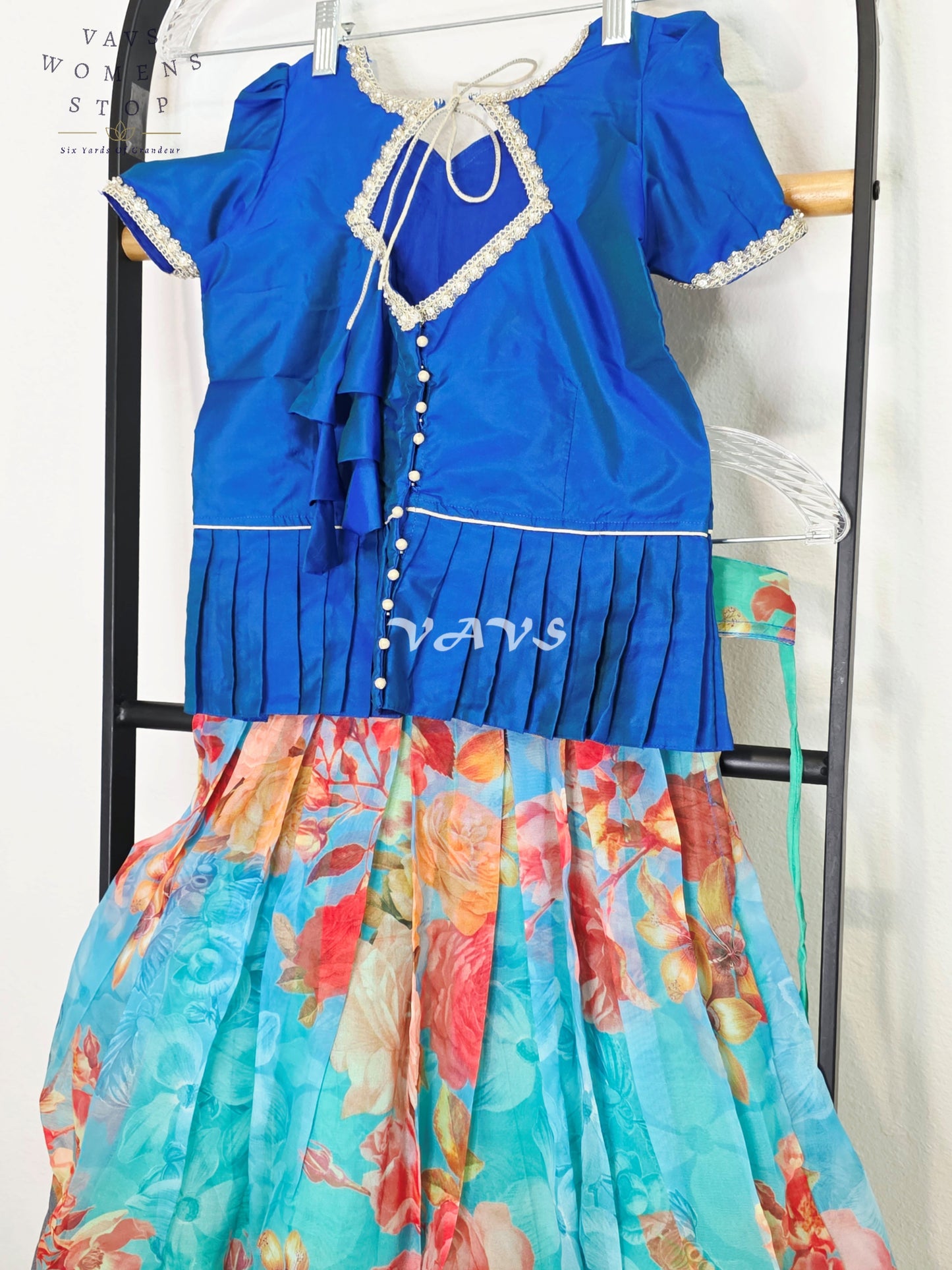 Royal Sapphire Blue Floral Print Designer Organza Lehenga Set with Silver Zari Border | Girls 5–6 Years