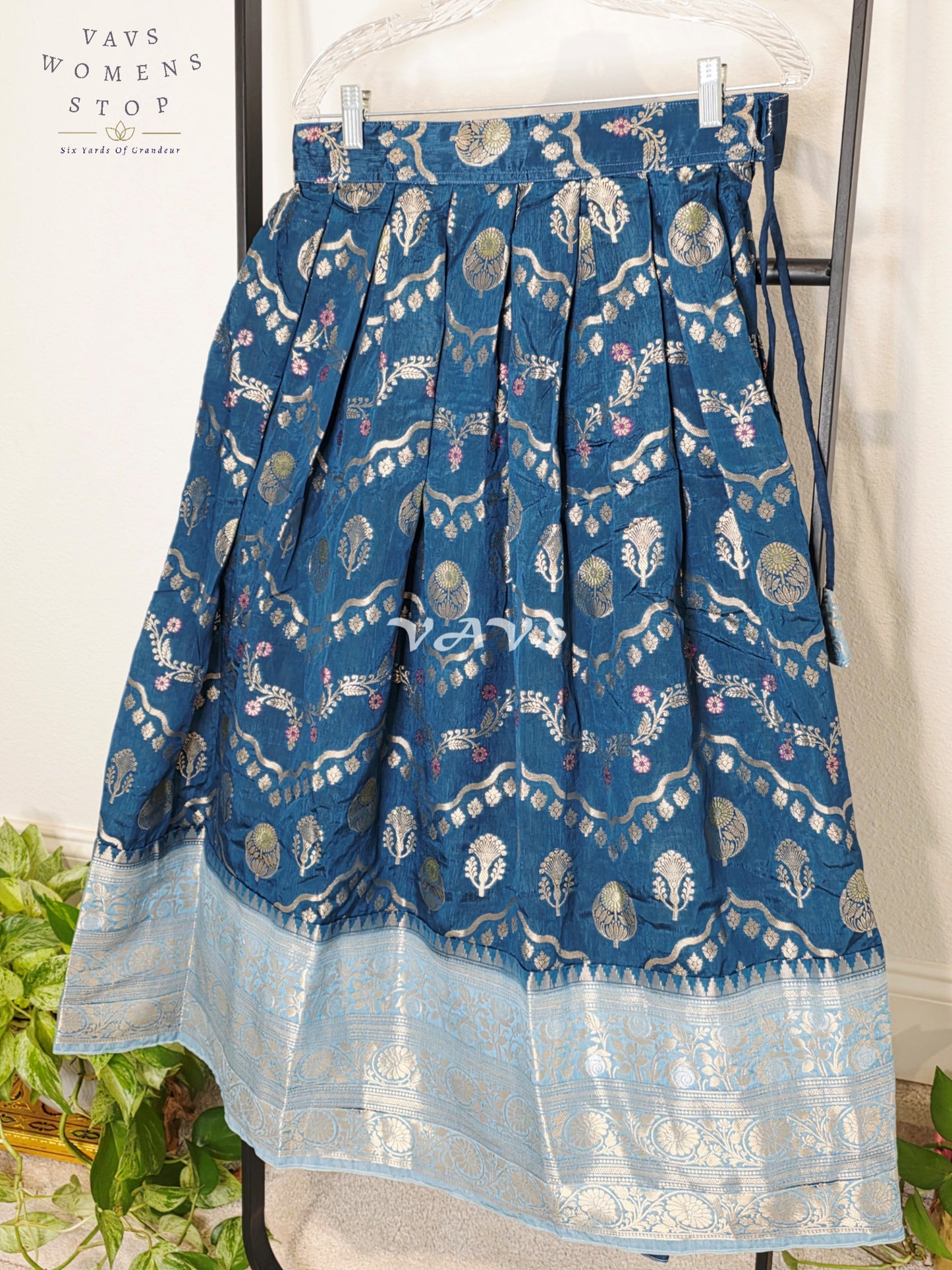 Royal Midnight Navy Designer Benarasi Silk Lehenga Set with Ice Blue Zari Peplum Blouse | Girls 8–9 Years