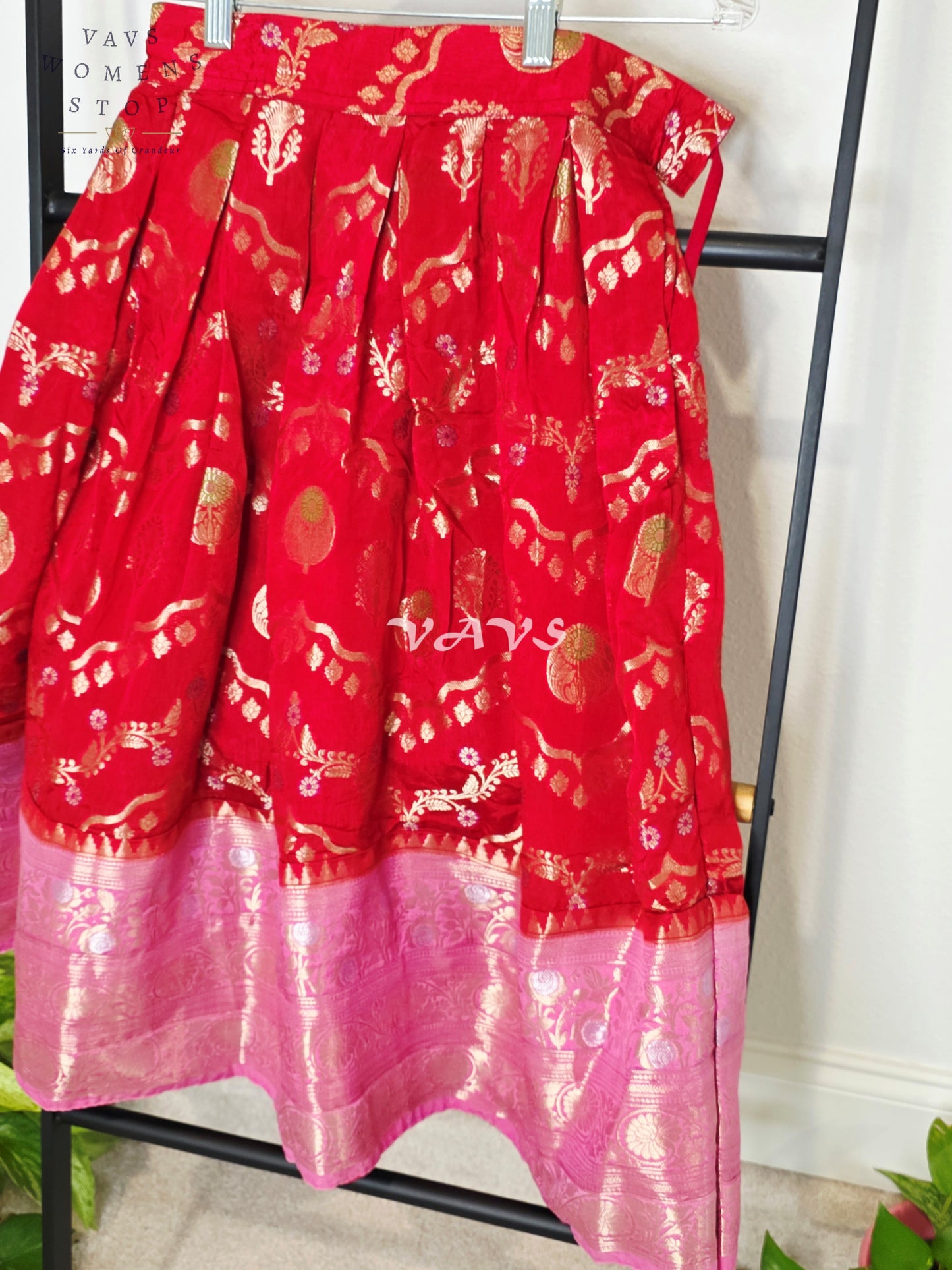 Royal Crimson Ruby Designer Benarasi Silk Lehenga Set with Blush Rose Pink Zari Border & Peplum Blouse | Girls 5–6 Years