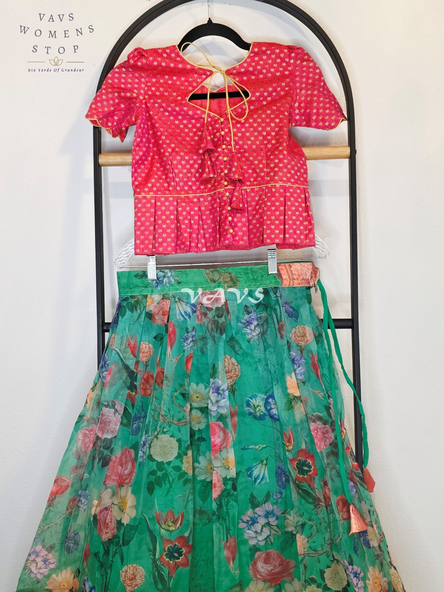 Royal Emerald Jade Floral Organza Print Lehenga with Rani Pink Benarasi Peplum Blouse | Girls 9–10 Years