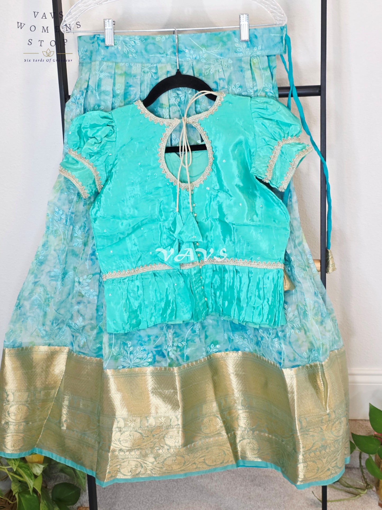 Royal Aqua Mint Shibori Organza Chikankari Lehenga Set with Seafoam Crepe Silk Sequins Butta Peplum Blouse | Girls 8–9 Years